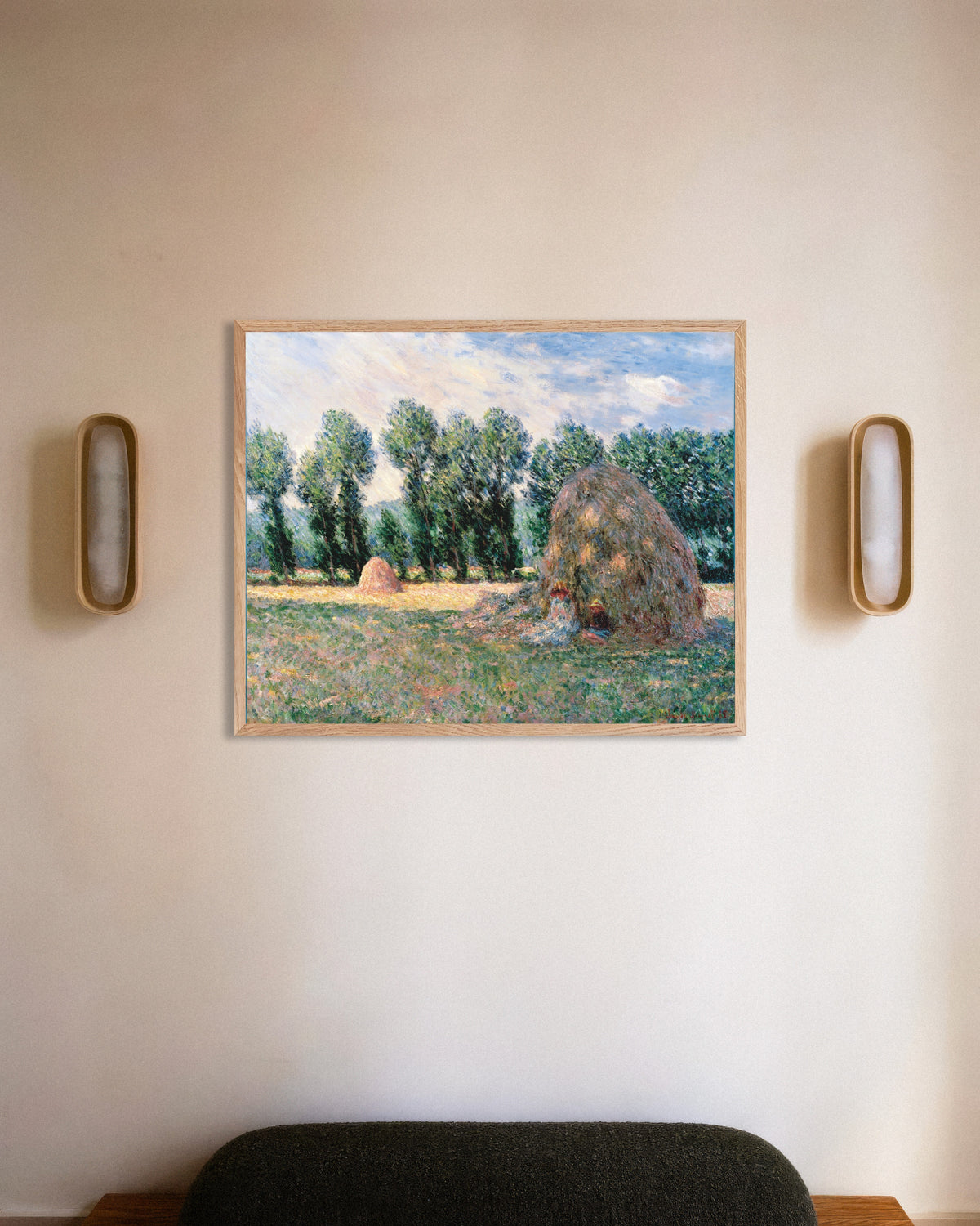Poster Medas de Feno (1885), de Claude Monet, com moldura de madeira natural