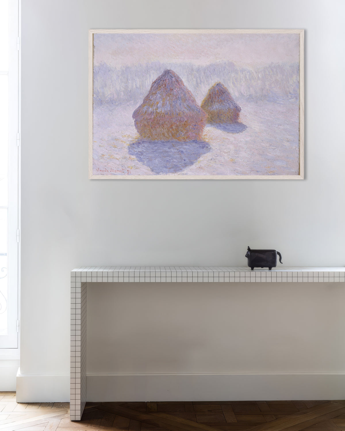 Poster Medas, Efeito de Neve e Sol (1891), de Claude Monet, com moldura de madeira branca