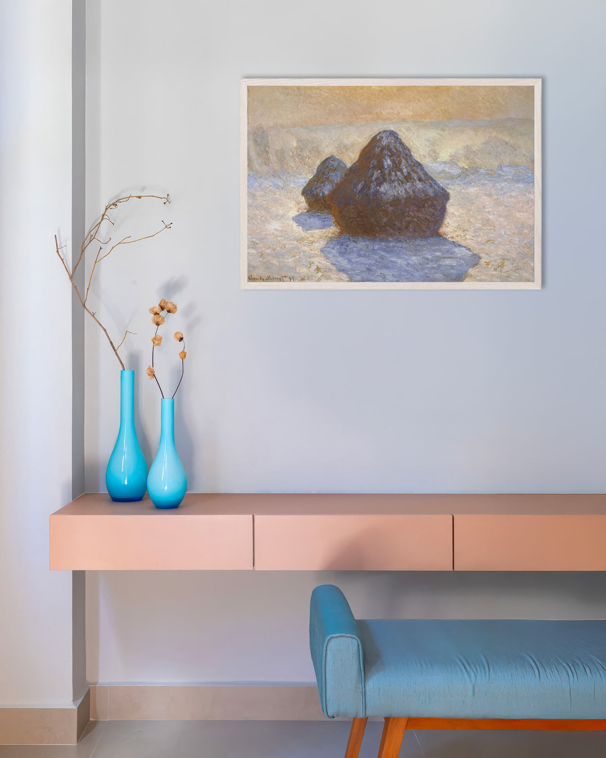 Poster Medas, Efeito de Neve (1891), de Claude Monet, com moldura de madeira branca