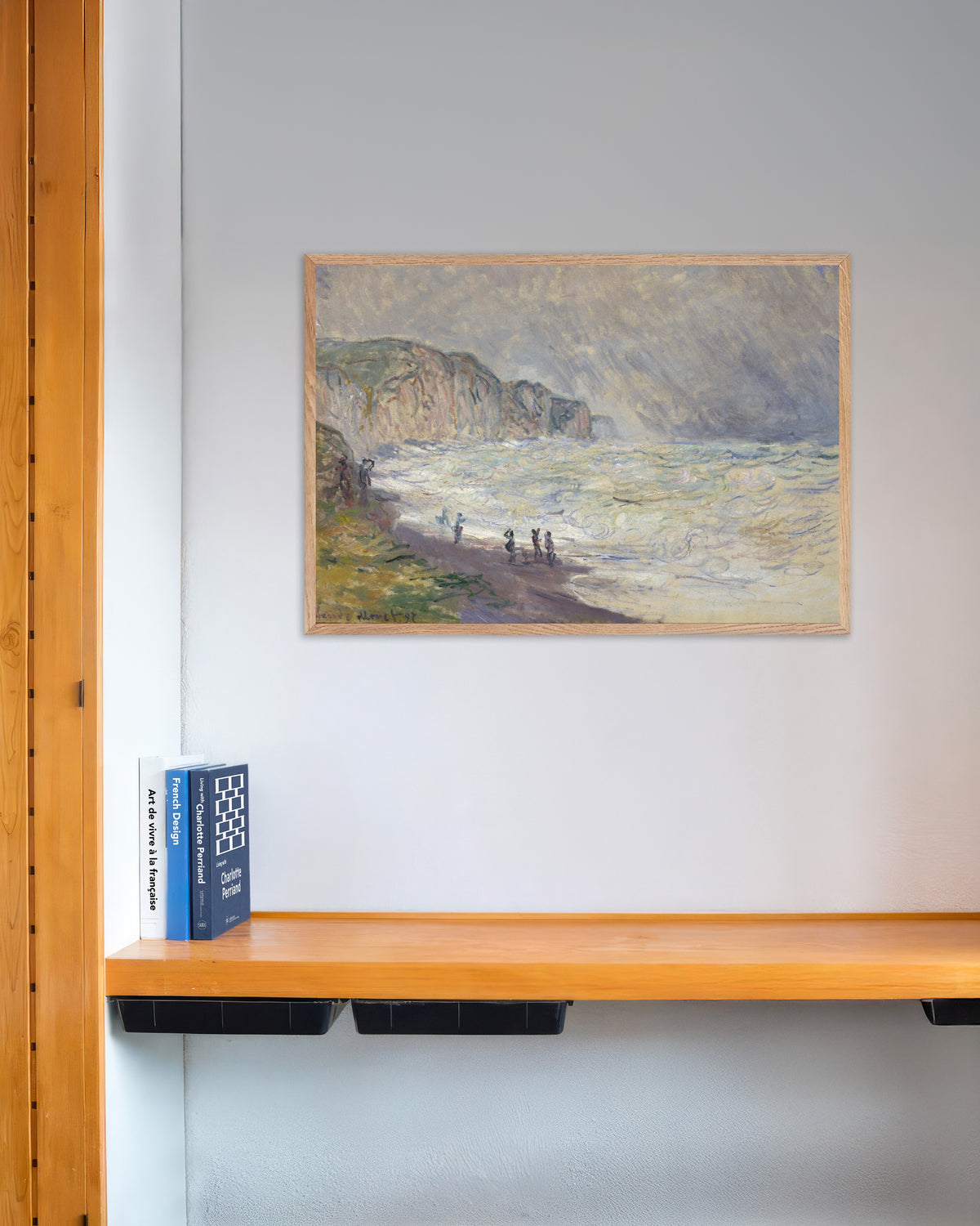 Poster Mar Grosso em Pourville (1897), de Claude Monet, com moldura de madeira natural