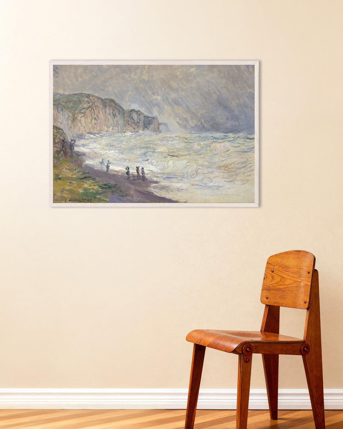 Poster Mar Grosso em Pourville (1897), de Claude Monet, com moldura de madeira branca