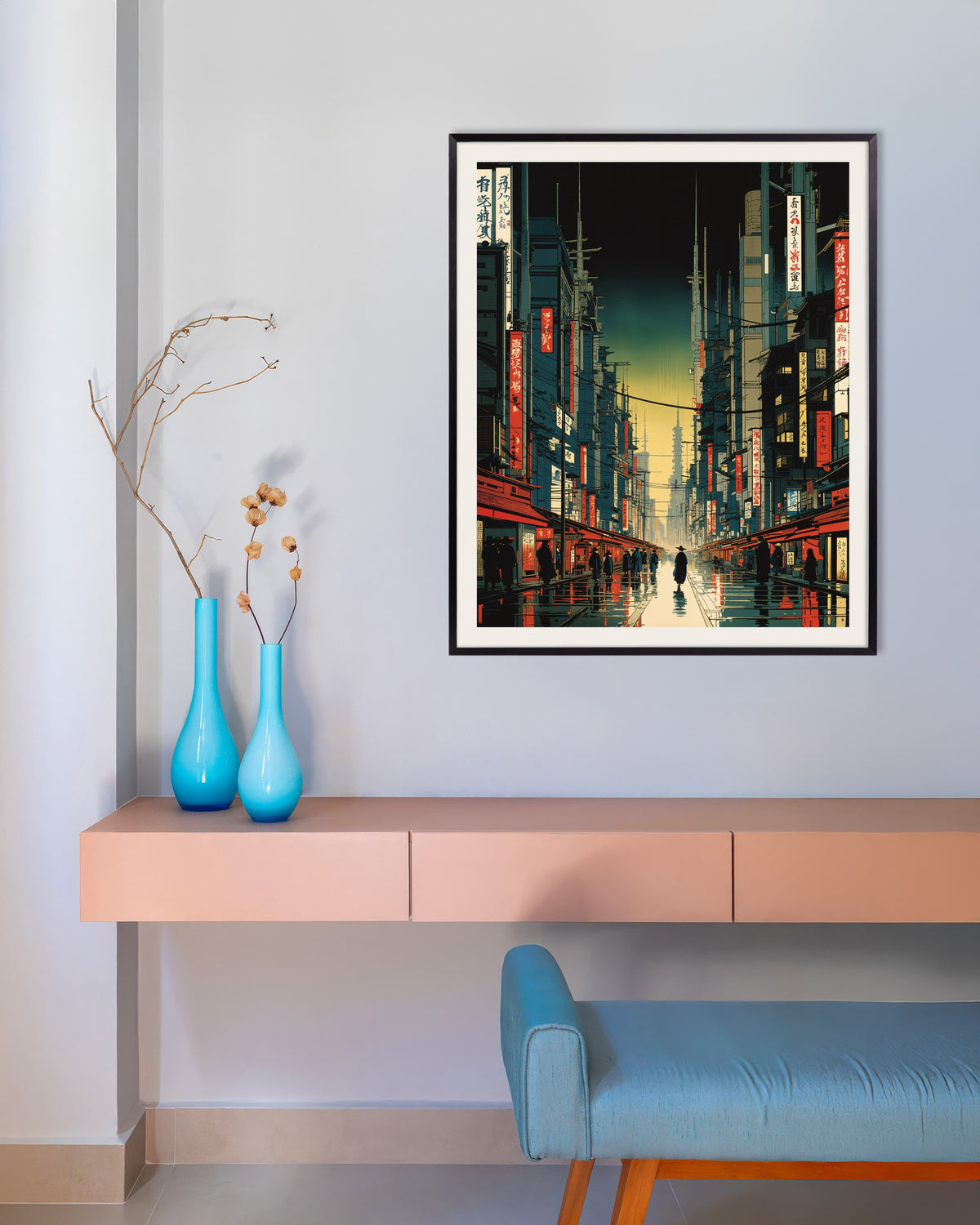 Poster of Hiroshige hypertech, street of a futuristic city - Poster, with metal frame