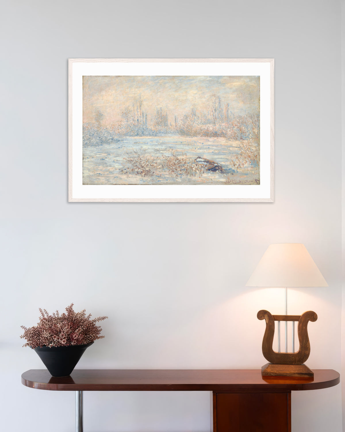 Poster A Geada (1880), de Claude Monet, com moldura de madeira branca