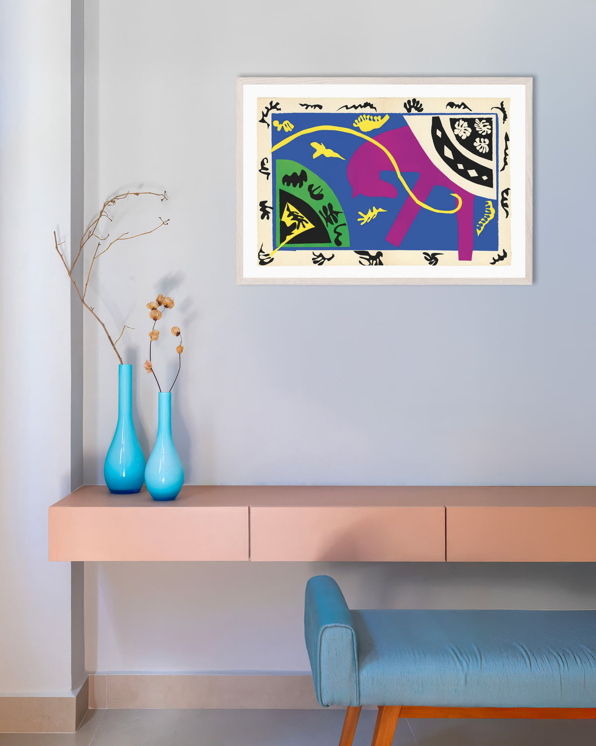 Poster Cavalo, Cavaleiro e Palhaço (Jazz, 1947), de Henri Matisse, com moldura de madeira branca