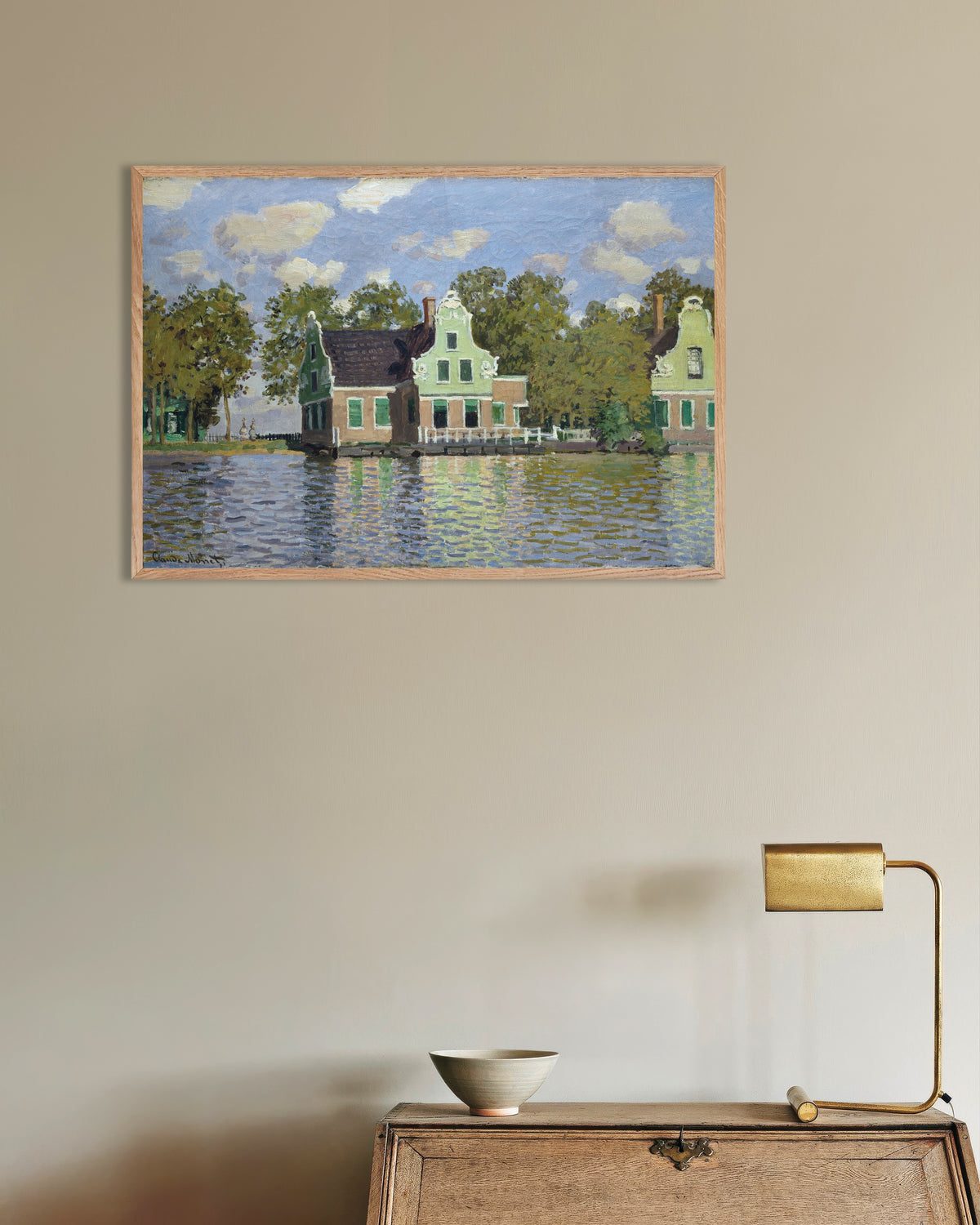Poster Casas na Margem do Zaan (1871), de Claude Monet, com moldura de madeira natural