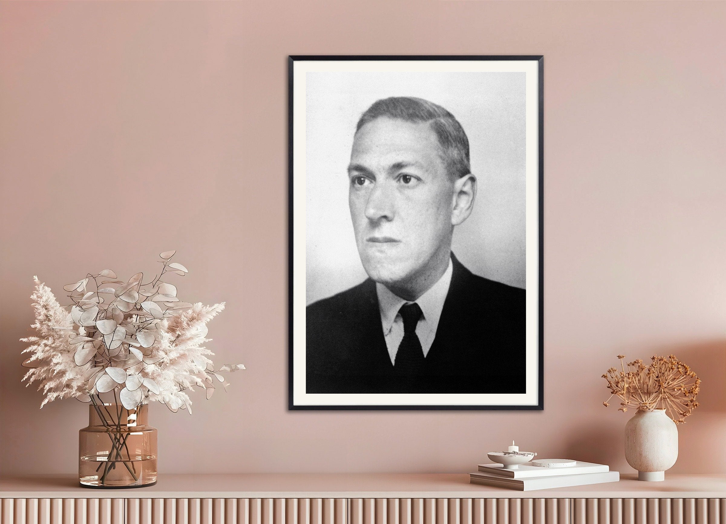 Poster of "I Am An Outsider" H.P. Lovecraft Portrait Quote Print, with metal frame