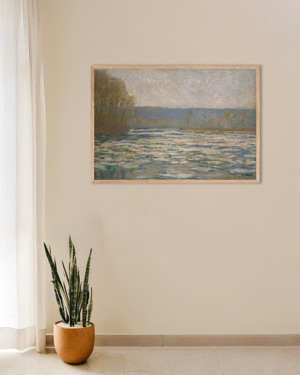 Poster Degelo no Sena perto de Bennecourt (1893), de Claude Monet, com moldura de madeira natural