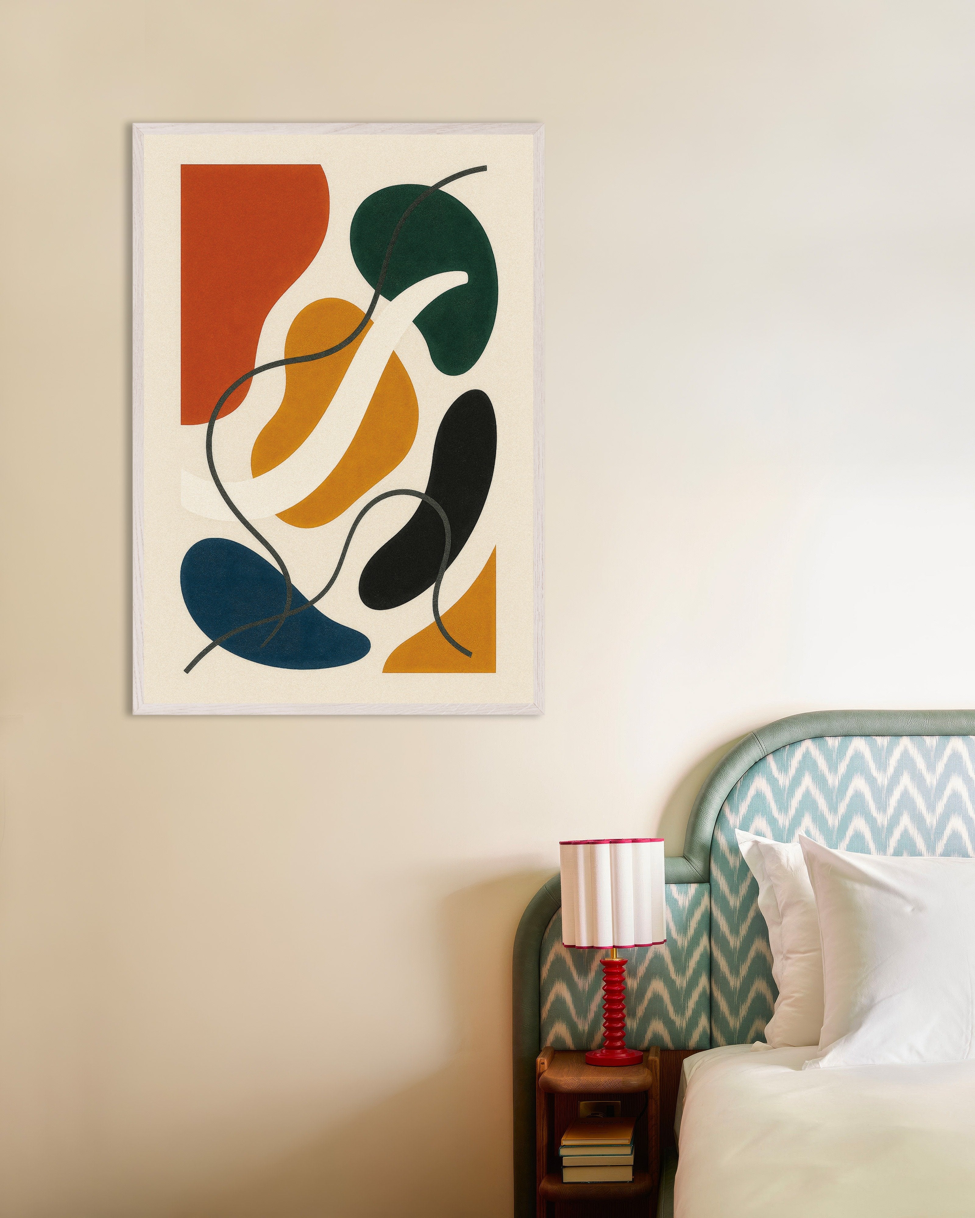 Poster of Inflections 02 – colorful abstract poster with organic shapes, with white wooden frame