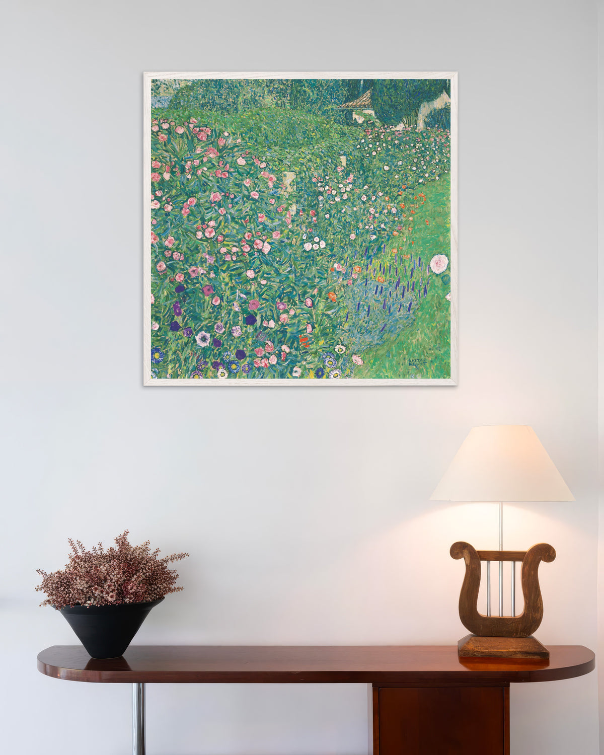 Poster Paisagem de Jardim Italiano (1913), de Gustav Klimt, com moldura de madeira branca