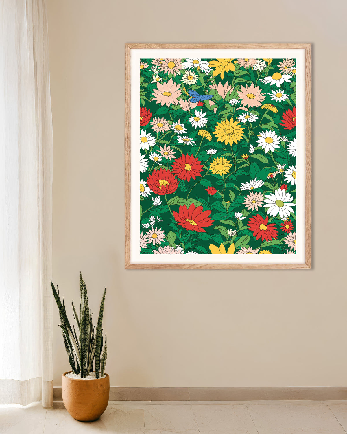 Poster de Estúdio japonês de animação, flores, com moldura de madeira natural