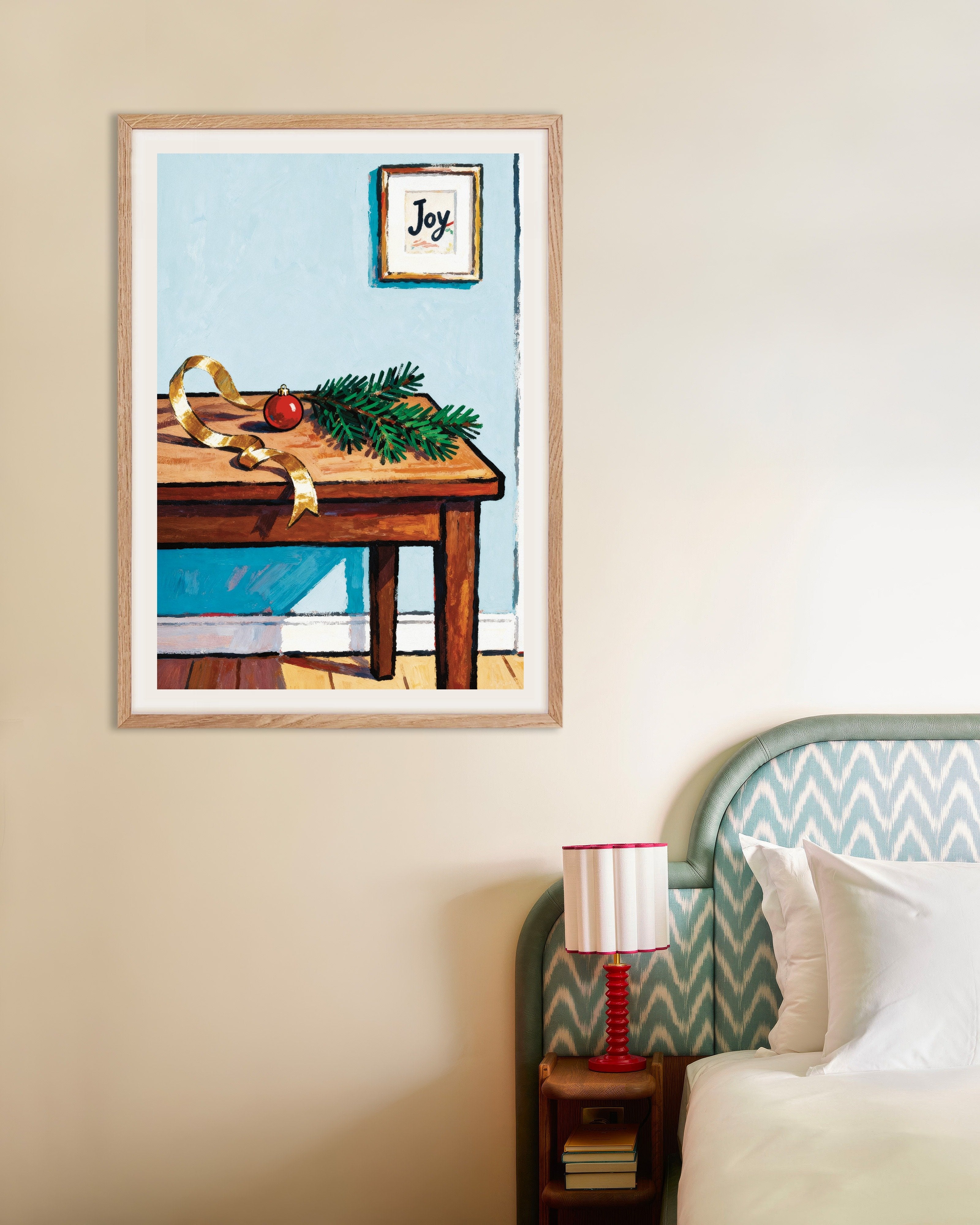 Poster of Joy Christmas table art print, with natural wooden frame