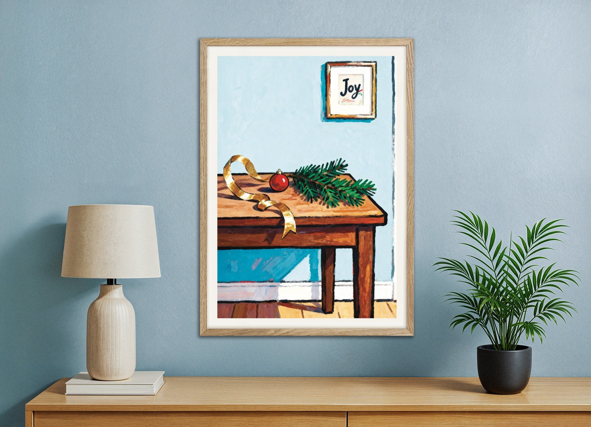 Poster of Joy Christmas table art print, with natural wooden frame