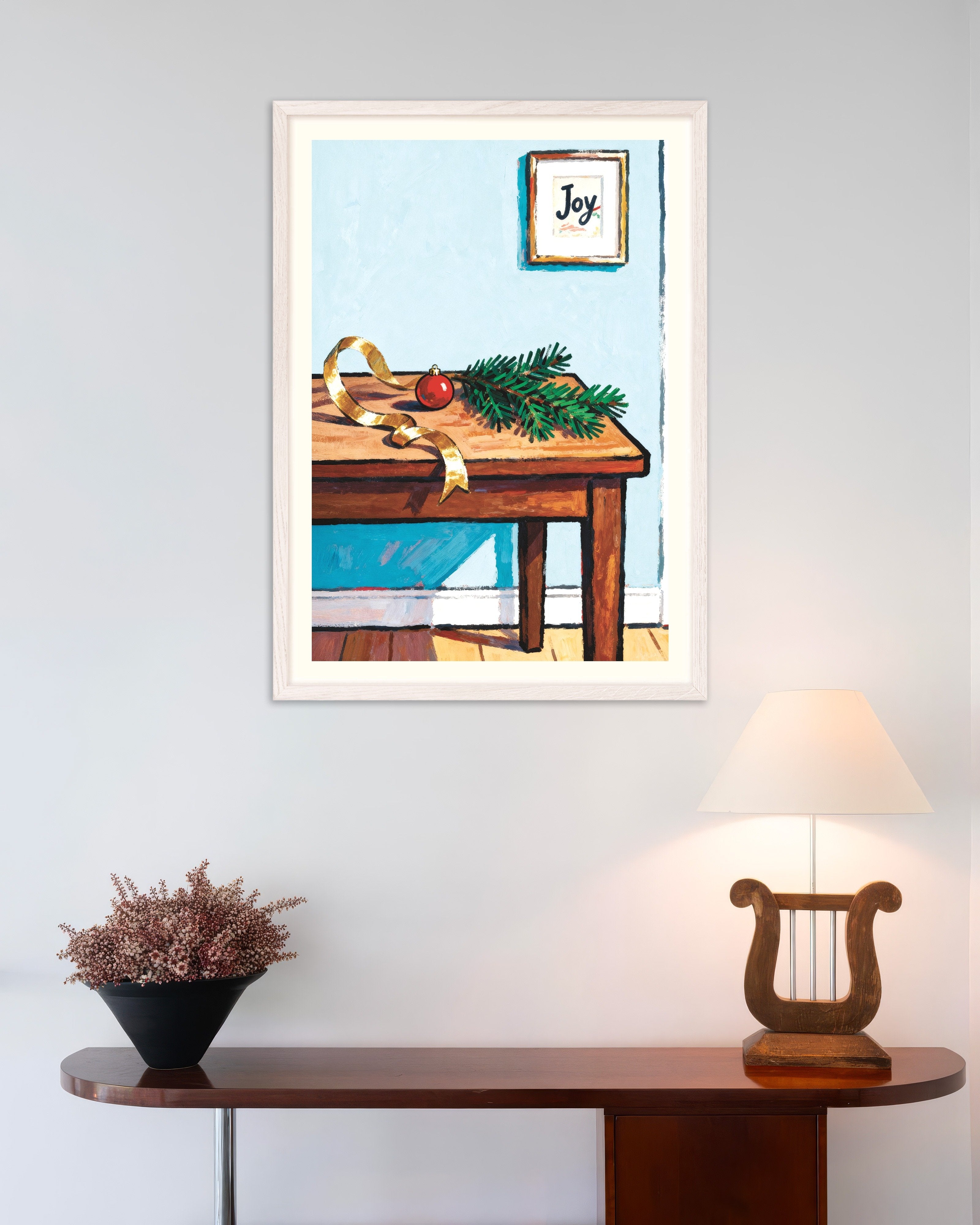 Poster of Joy Christmas table art print, with white wooden frame
