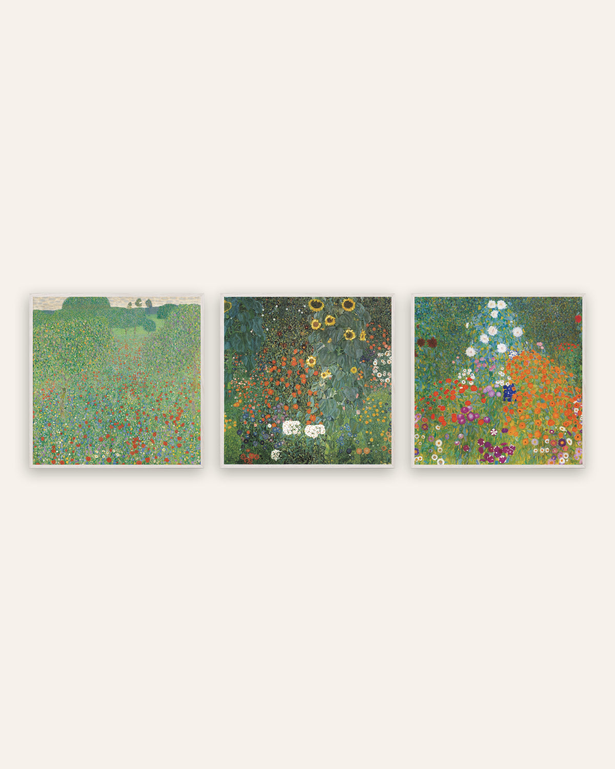 Posters de Klimt, conjunto de 3: Campo de Papoilas, Jardim com Girassóis e Jardim Rústico, com molduras de carvalho branco