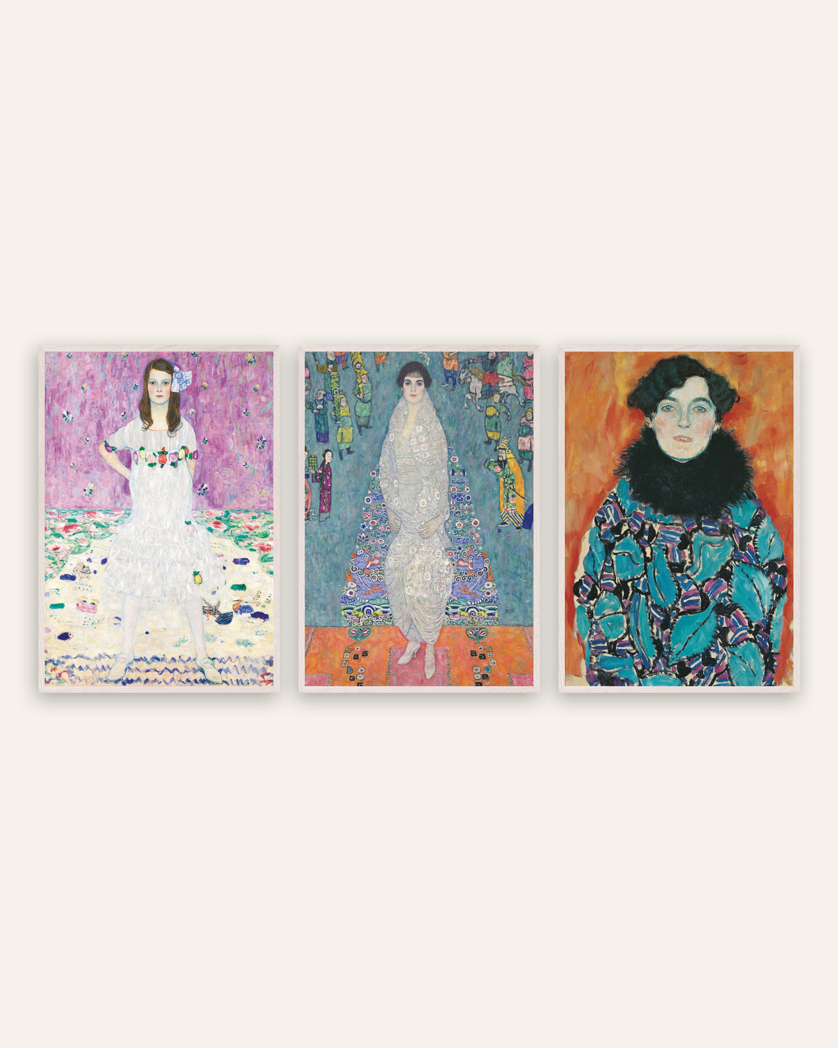 Posters de Klimt, conjunto de 3 retratos: Mäda Primavesi, Elisabeth Lederer e Johanna Staude, com molduras de carvalho branco