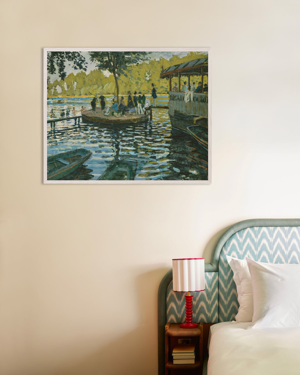 Poster La Grenouillère (1869), de Claude Monet, com moldura de madeira branca