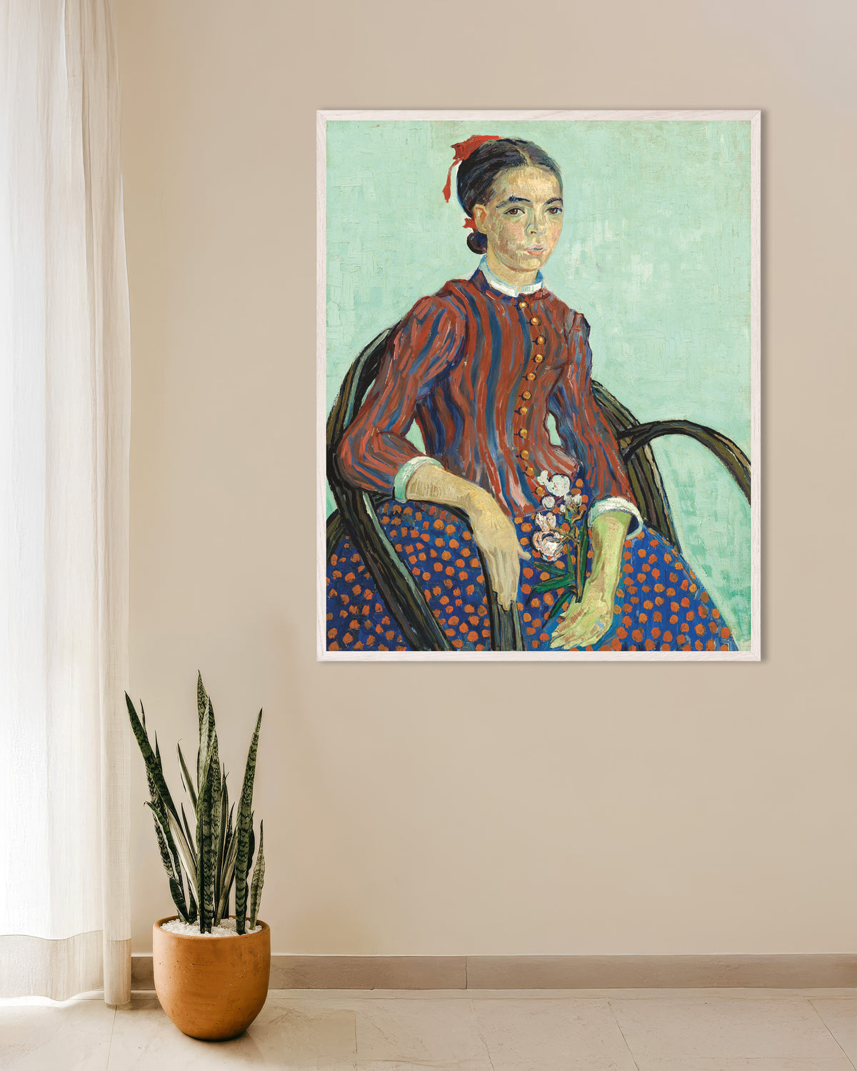 Poster de La Mousmé (1888), de Vincent van Gogh, com moldura de madeira branca