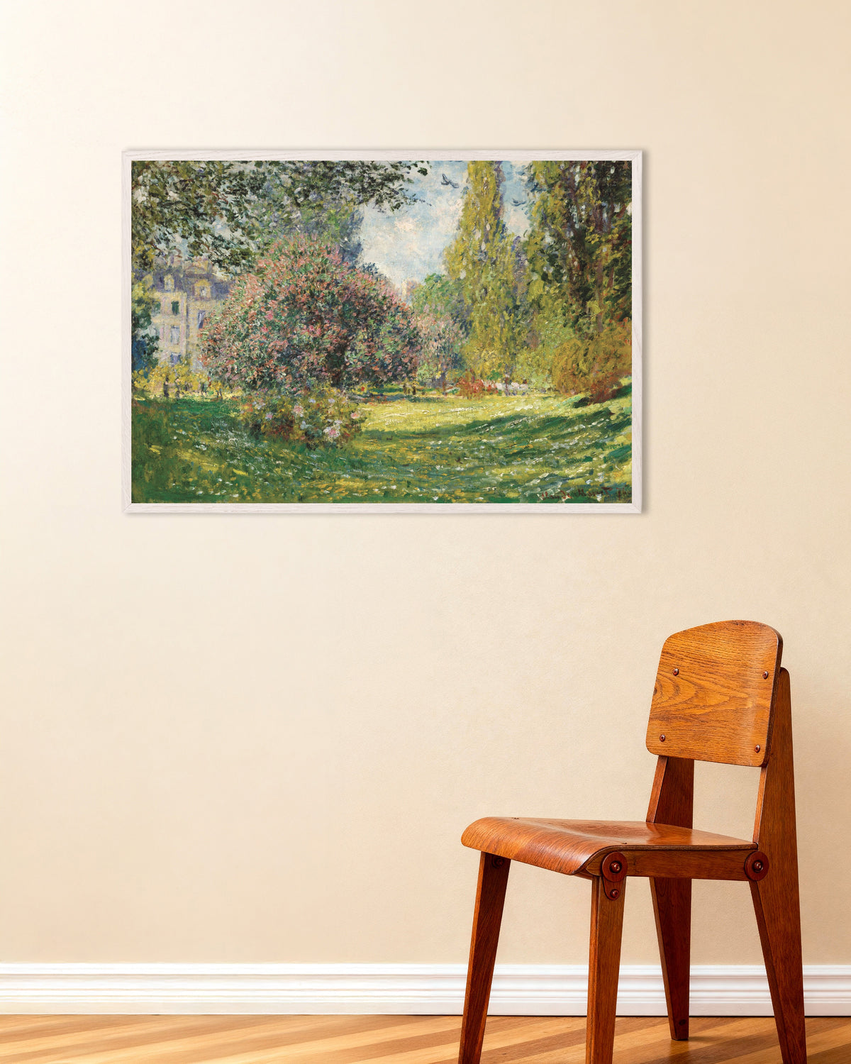 Poster Paisagem, o Parque Monceau (1876), de Claude Monet, com moldura de madeira branca