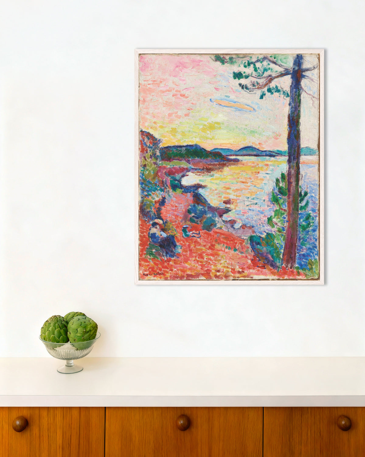 Poster de Le Goûter, O Golfo de Saint-Tropez (1904), de Henri Matisse, com moldura de madeira branca