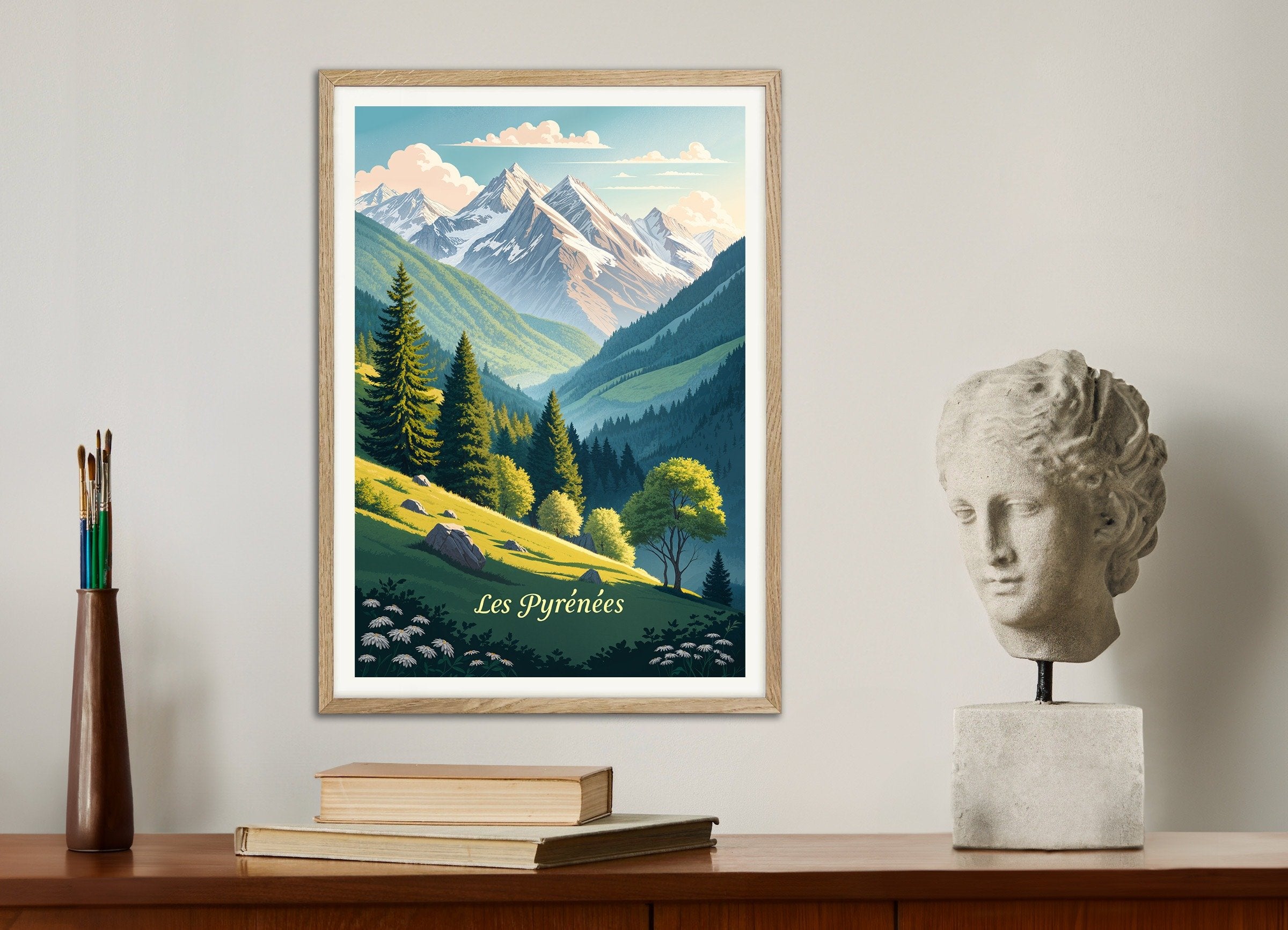 Poster of Les Pyrénées – Scenic Mountain Landscape Poster, with natural wooden frame