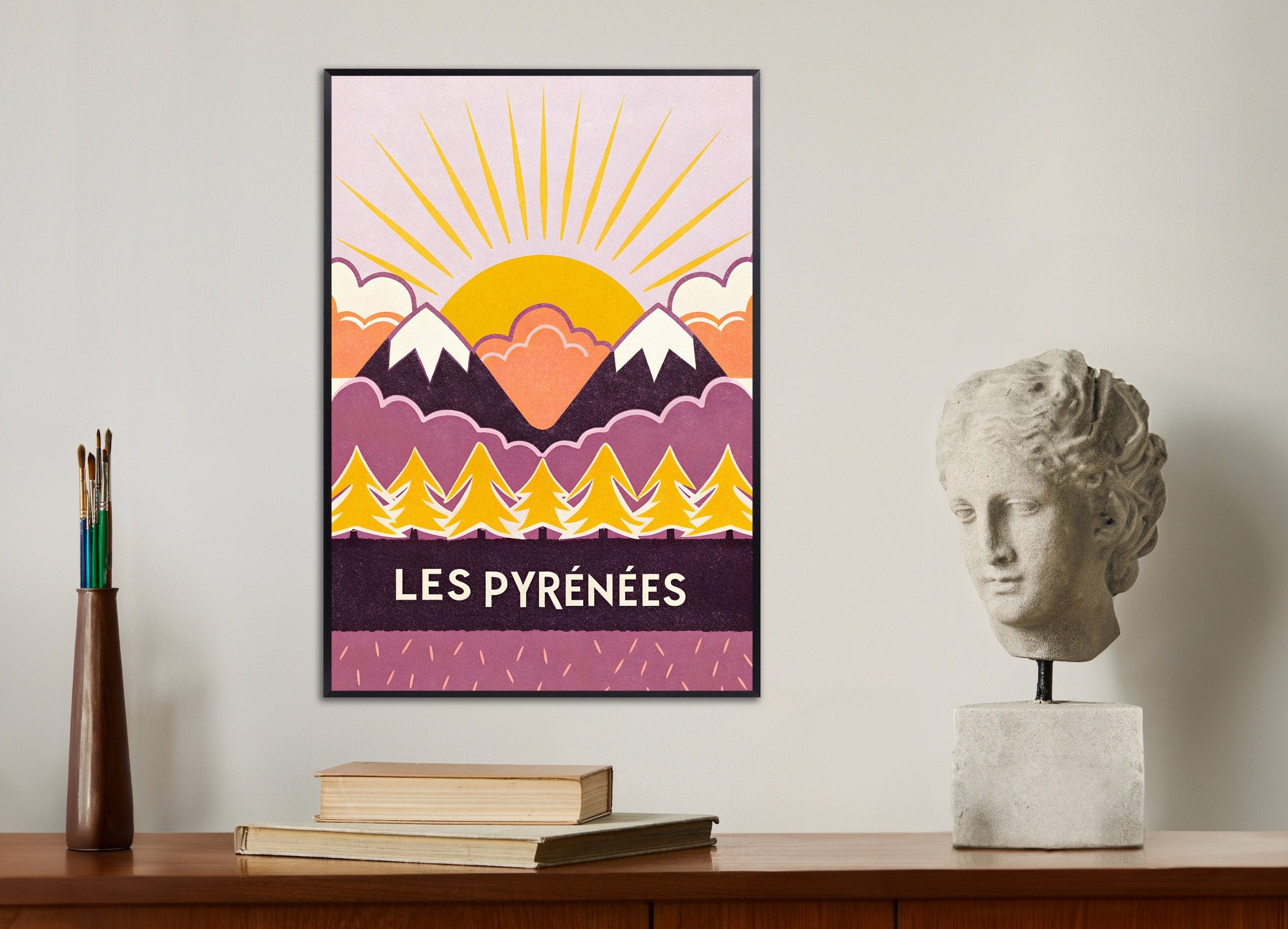 Poster of Les Pyrénées – Sunset Mountain Graphic Art Print, with metal frame