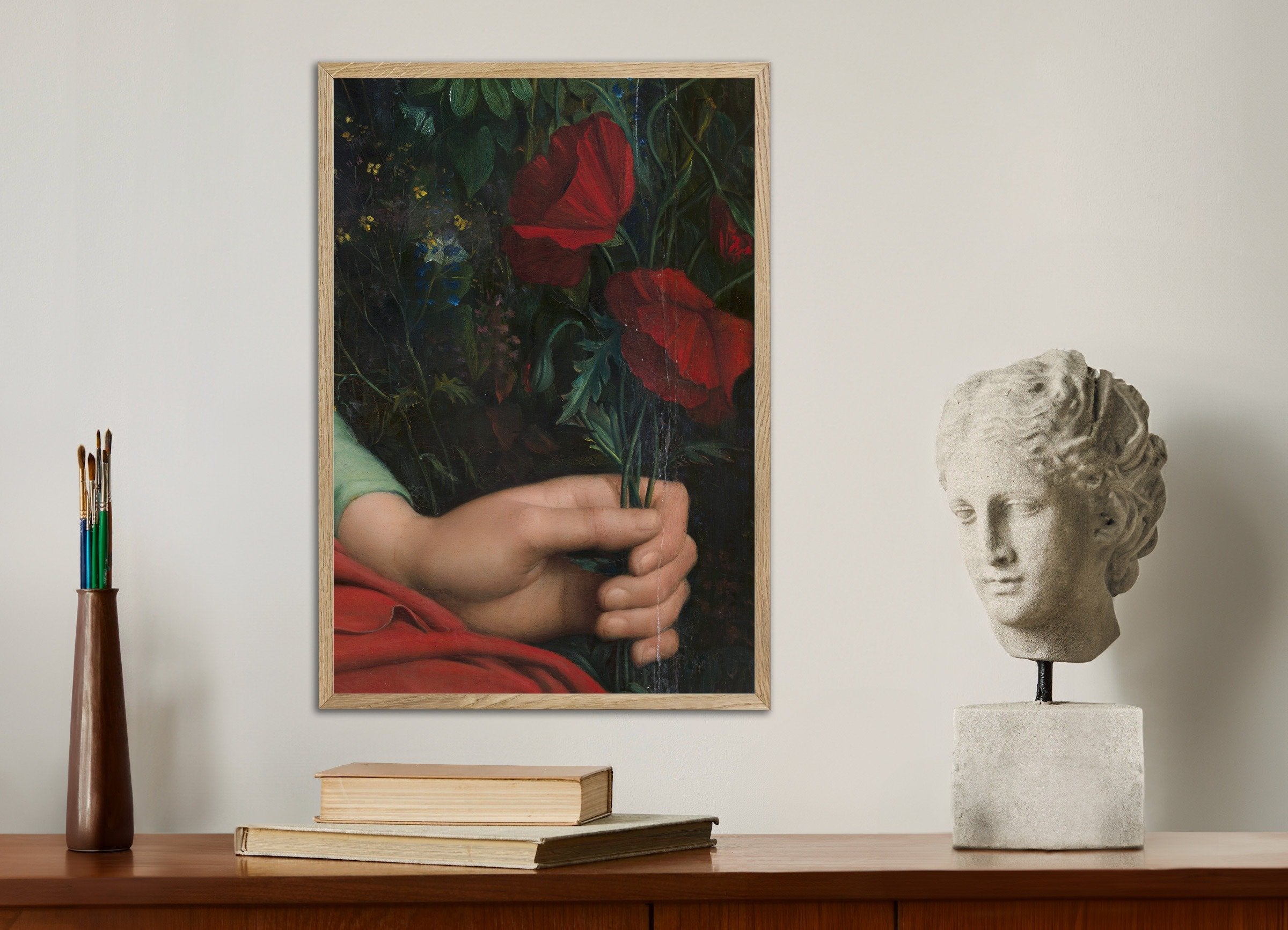 Poster of Louis Janmot "Fleur des Champs" Hand Detail - Poppies Art Print, with natural wooden frame