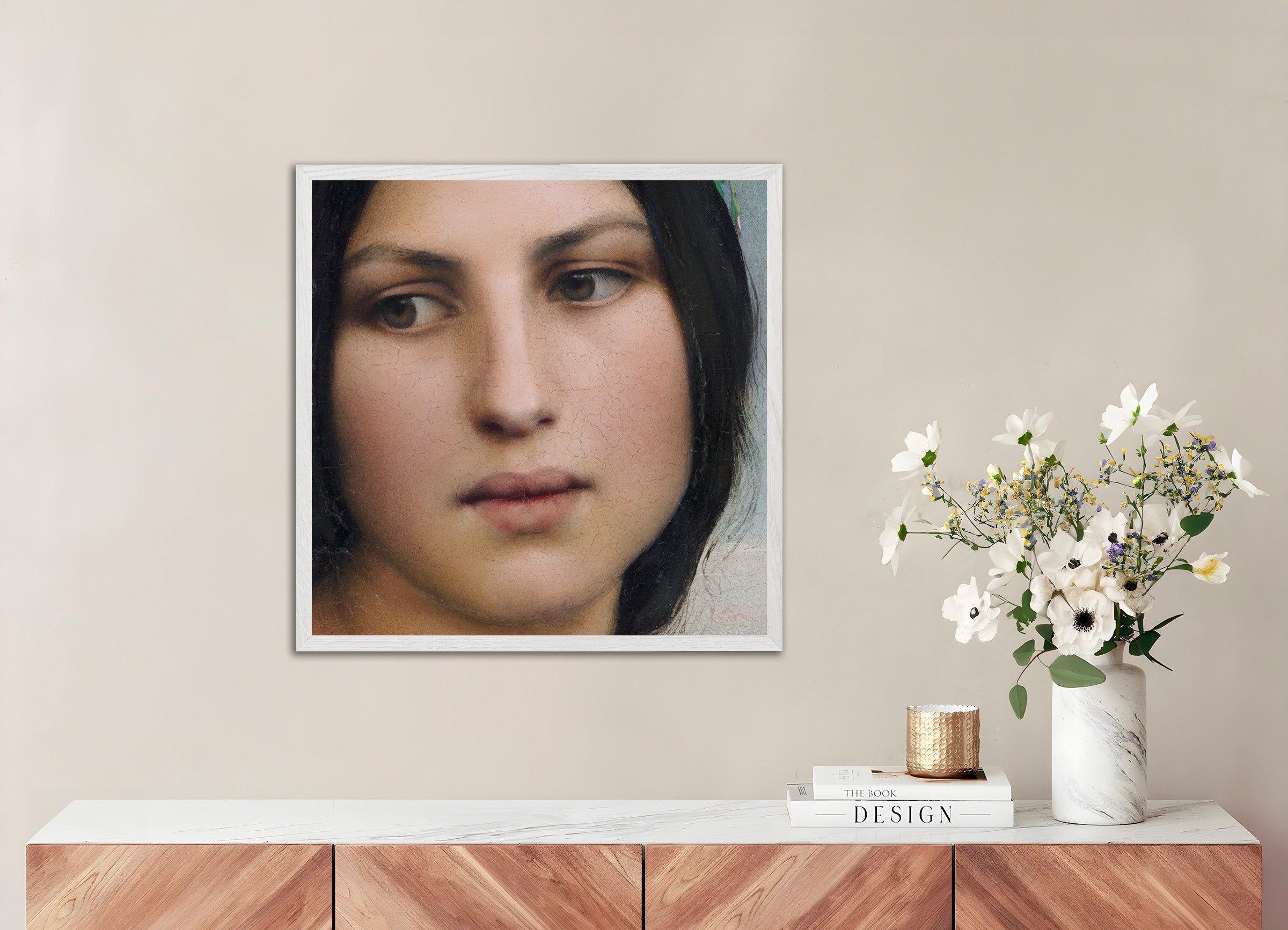 Poster of Louis Janmot "Fleur des Champs" Portrait Detail, with white wooden frame