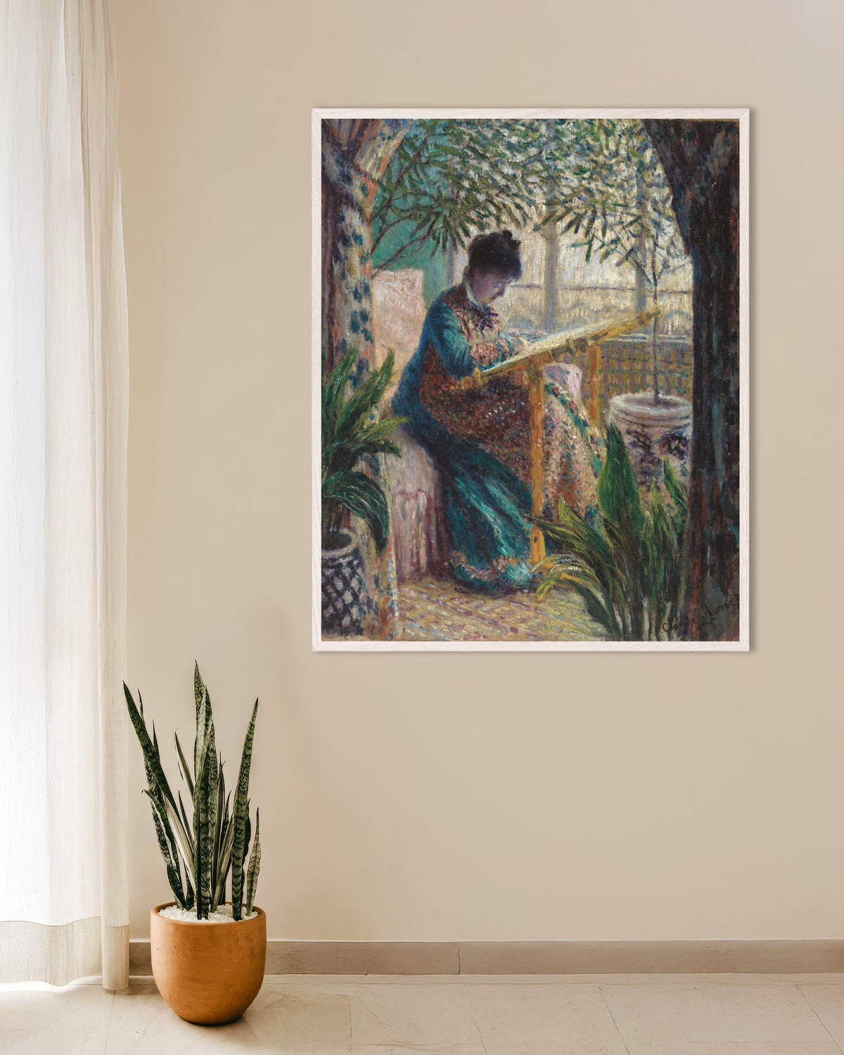 Poster Madame Monet a Bordar (1875), de Claude Monet, com moldura de madeira branca