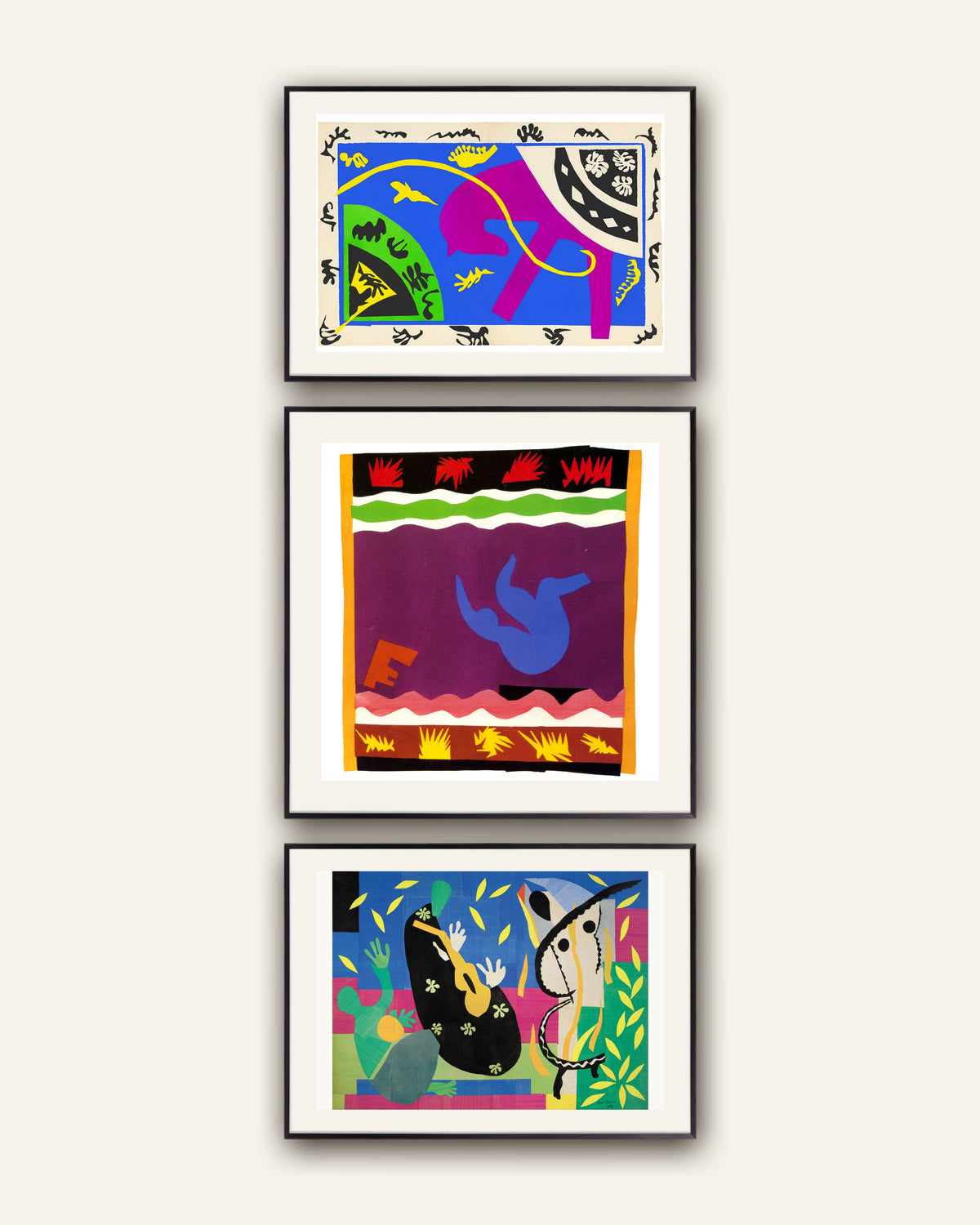 Posters de Matisse, conjunto de 3: Cavalo, Cavaleiro e Palhaço, O escorrega, A tristeza do rei, com molduras de metal preto
