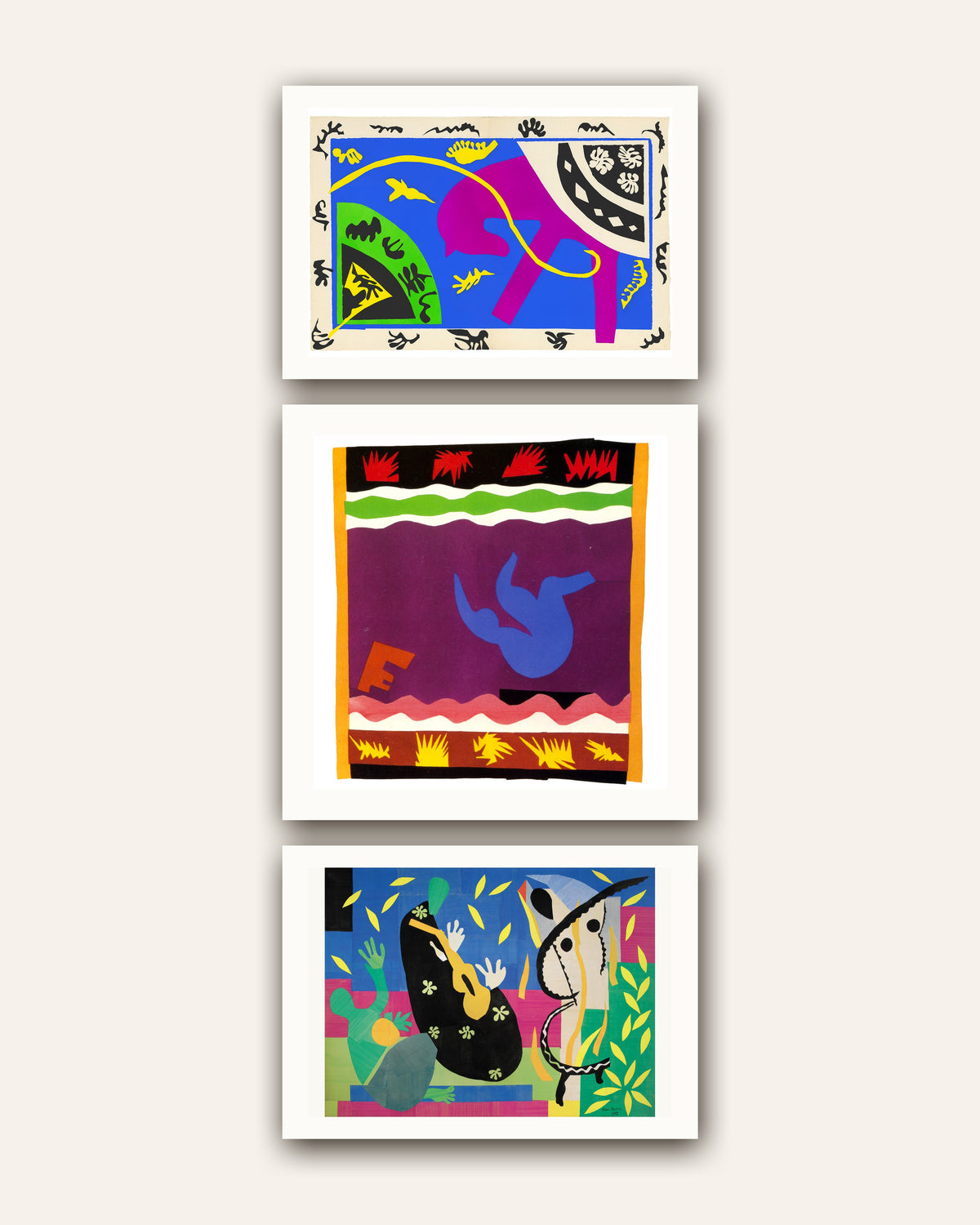 Posters de Matisse, conjunto de 3: Cavalo, Cavaleiro e Palhaço, O escorrega, A tristeza do rei, sem moldura