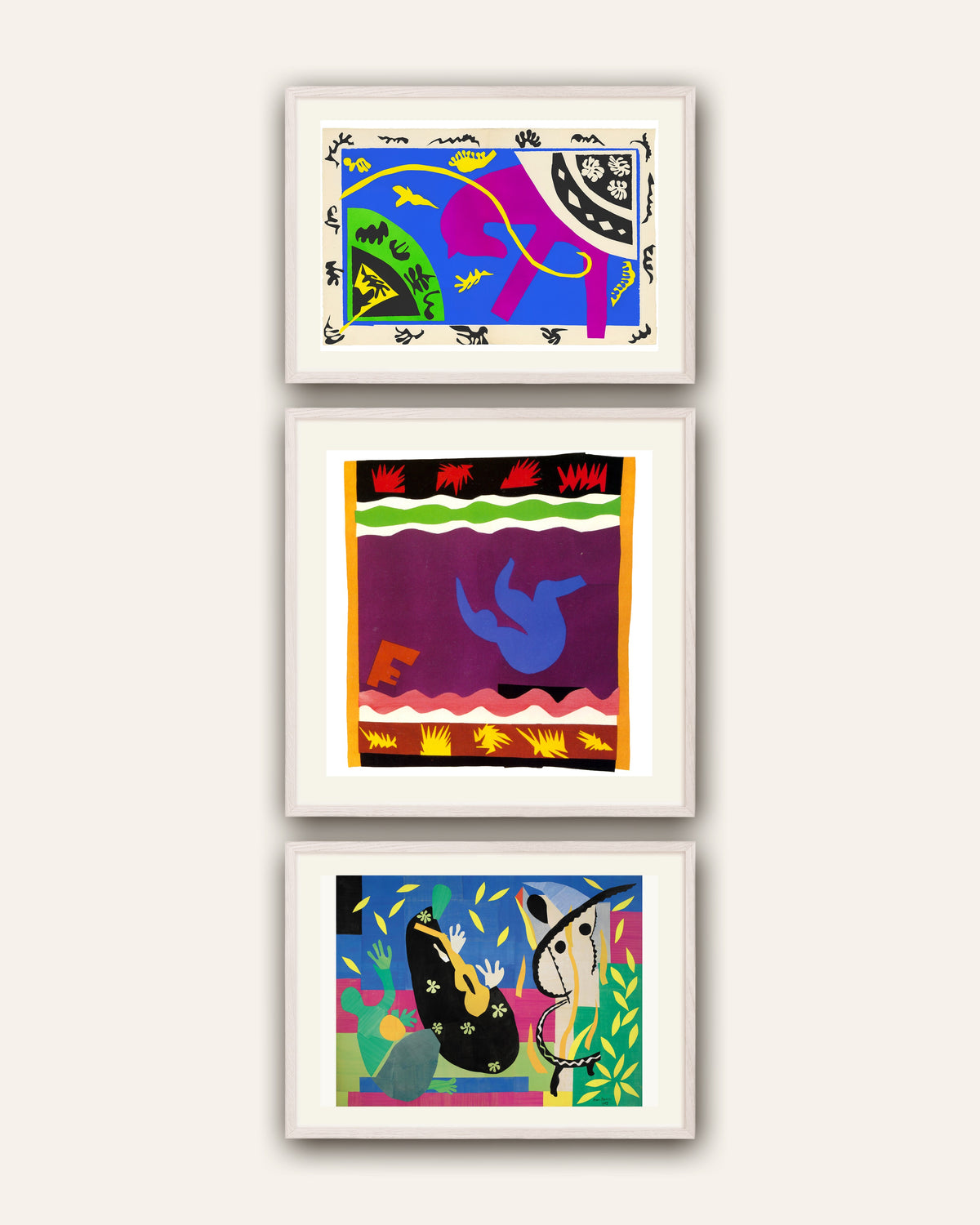 Posters de Matisse, conjunto de 3: Cavalo, Cavaleiro e Palhaço, O escorrega, A tristeza do rei, com molduras de carvalho branco