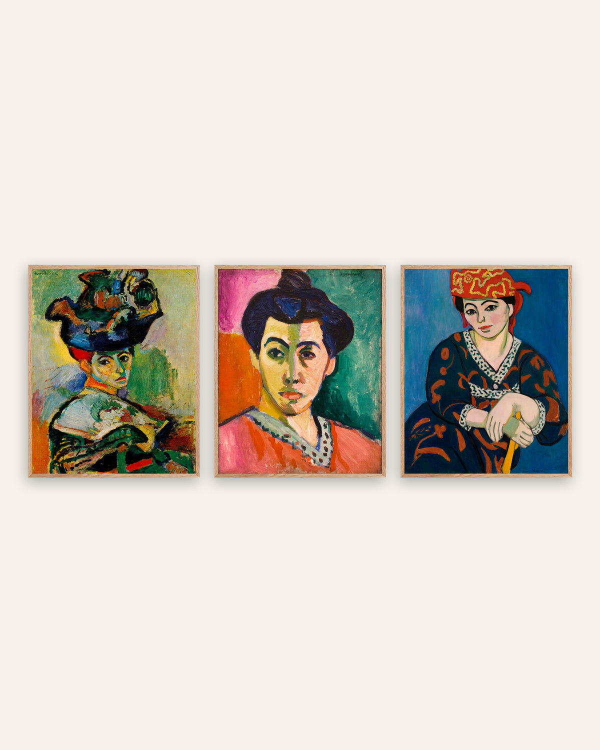 Posters de Matisse, conjunto de 3 retratos fauvistas: Mulher com chapéu, Madame Matisse e Lenço vermelho de Madras, com molduras de carvalho natural