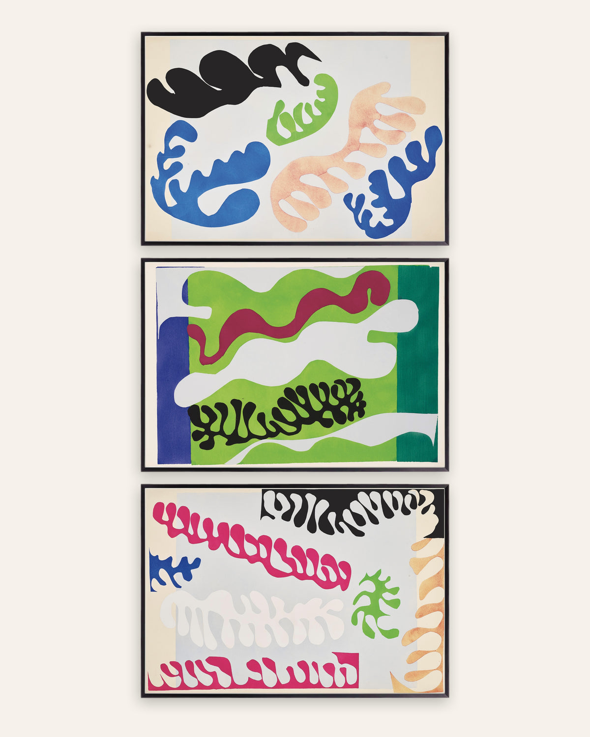 Posters de Matisse Jazz, conjunto de 3: A Lagoa em azul, verde e rosa, com molduras de metal preto