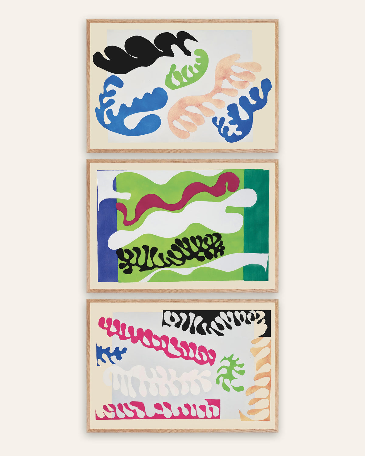 Posters de Matisse Jazz, conjunto de 3: A Lagoa em azul, verde e rosa, com molduras de carvalho natural