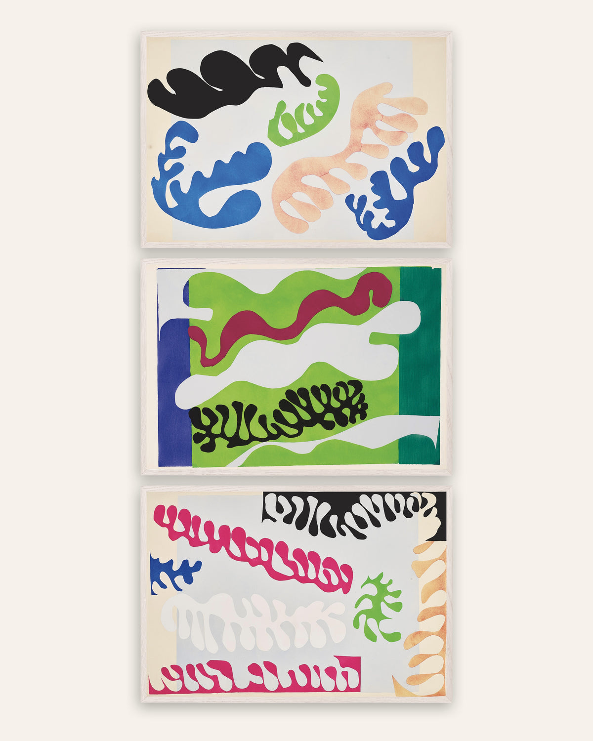 Posters de Matisse Jazz, conjunto de 3: A Lagoa em azul, verde e rosa, com molduras de carvalho branco
