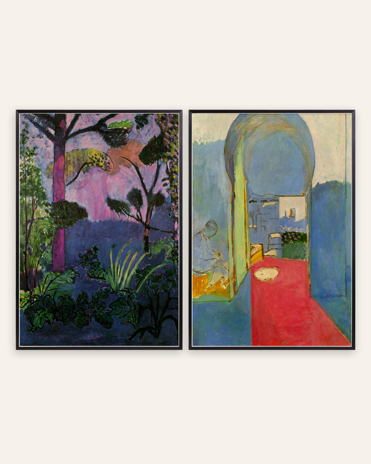Posters de Matisse, conjunto de 2: Paisagem marroquina (Acanto) e Entrada na casbá, com molduras de metal preto