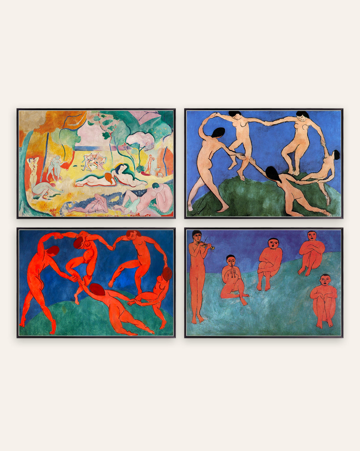 Posters de Matisse, conjunto de 4: A Alegria de Viver, A dança I e II e Música, com molduras de metal preto