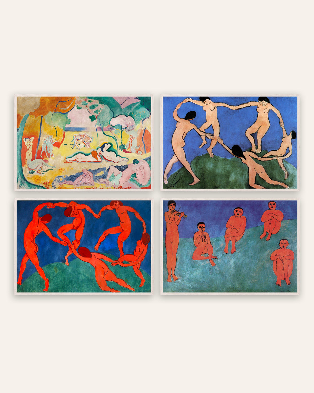 Posters de Matisse, conjunto de 4: A Alegria de Viver, A dança I e II e Música, com molduras de carvalho branco