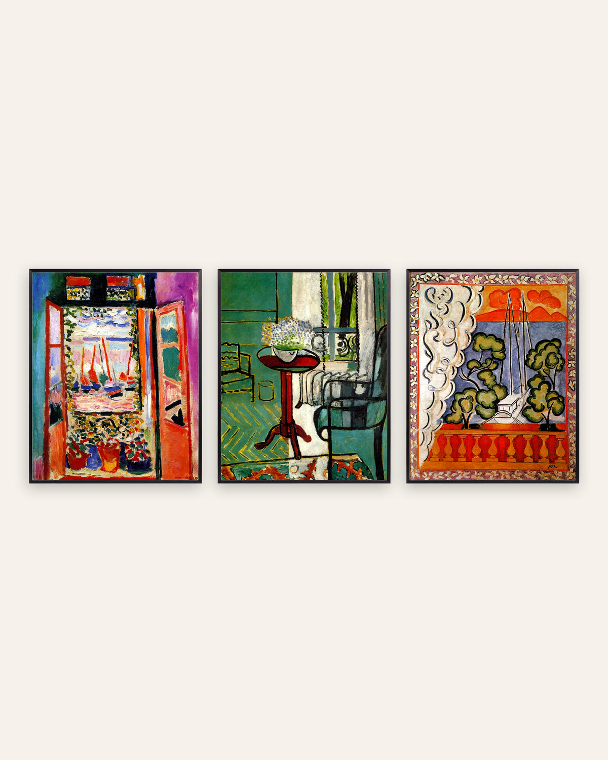 Posters de Matisse, conjunto de 3: janelas de Collioure, com miosótis e no Taiti, com molduras de metal preto
