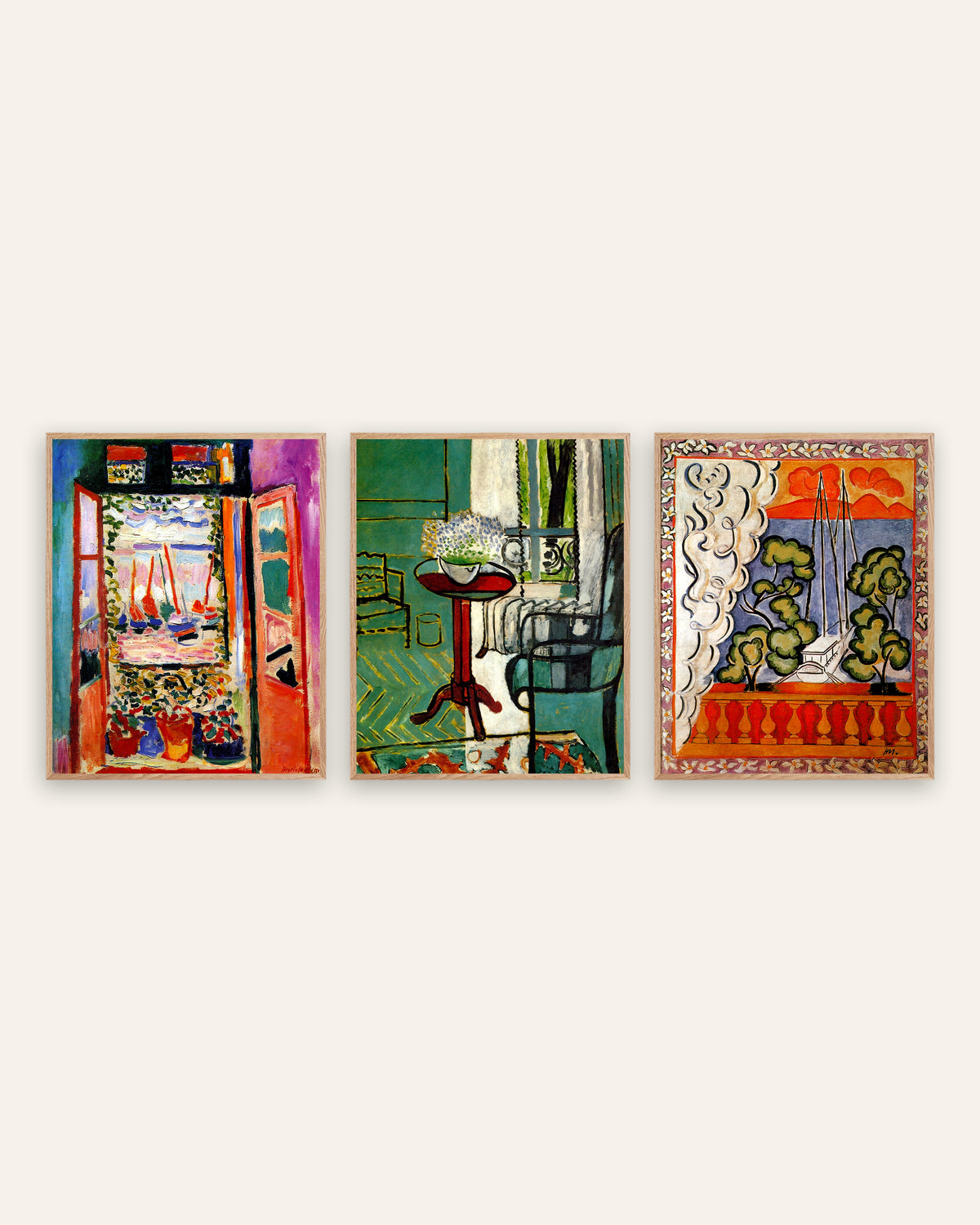 Posters de Matisse, conjunto de 3: janelas de Collioure, com miosótis e no Taiti, com molduras de carvalho natural