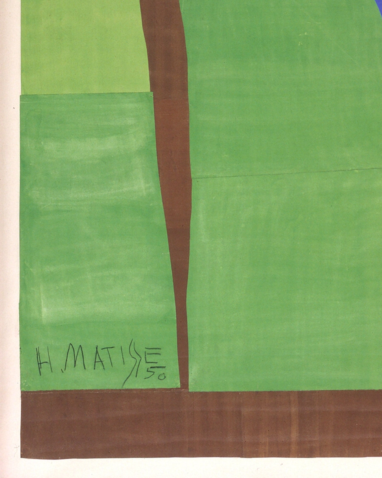 Abstract artwork with green and brown colors, signed H. Matisse.