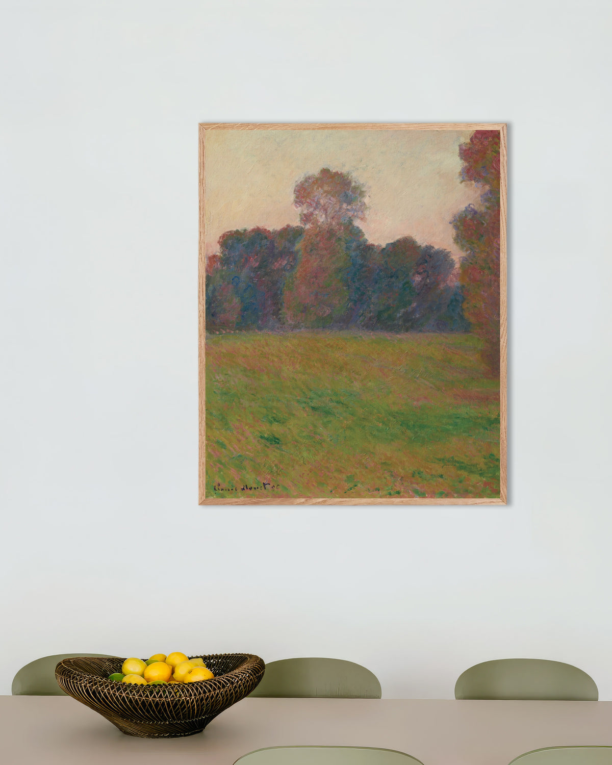 Poster Prado em Giverny (1886), de Claude Monet, com moldura de madeira natural