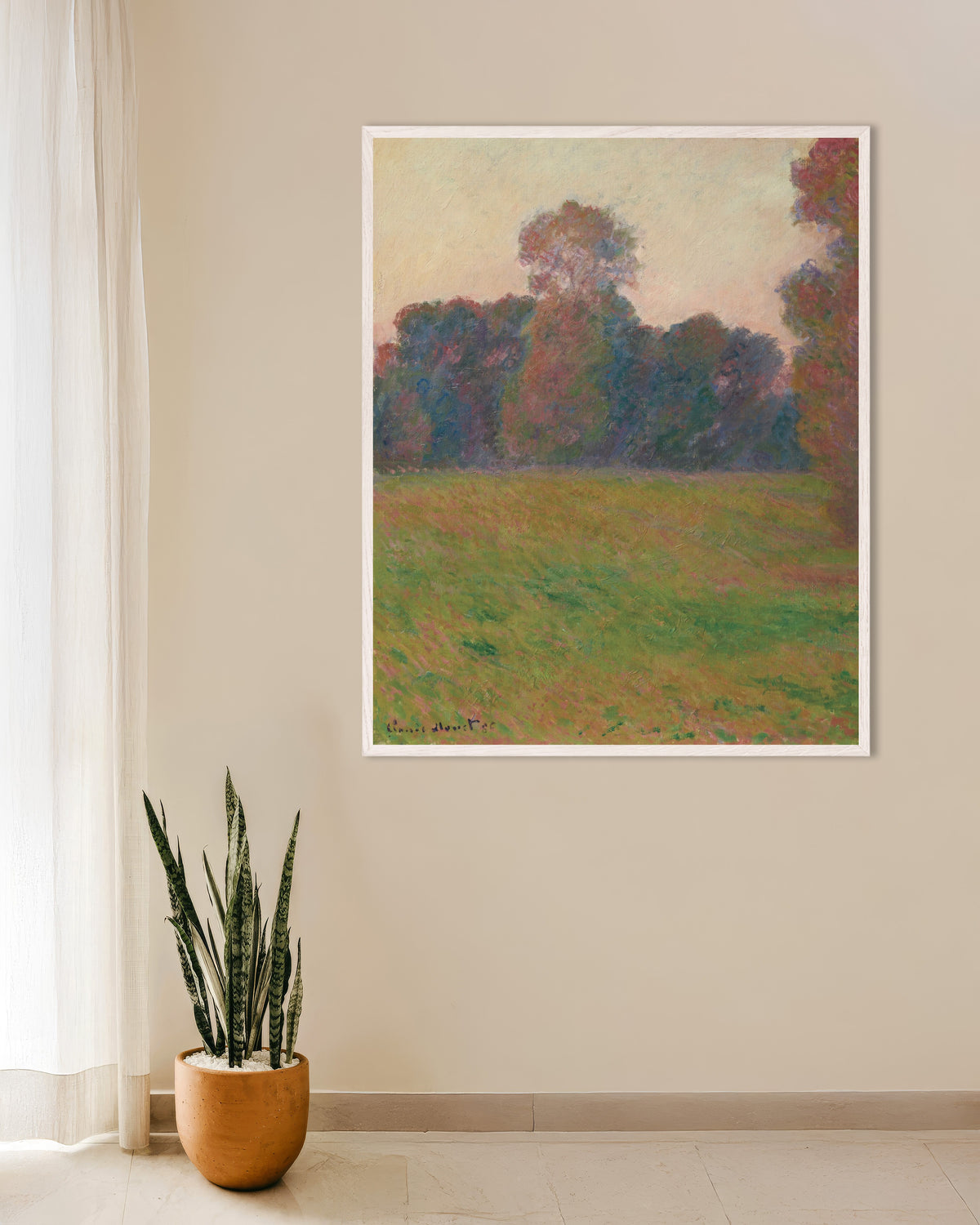 Poster Prado em Giverny (1886), de Claude Monet, com moldura de madeira branca
