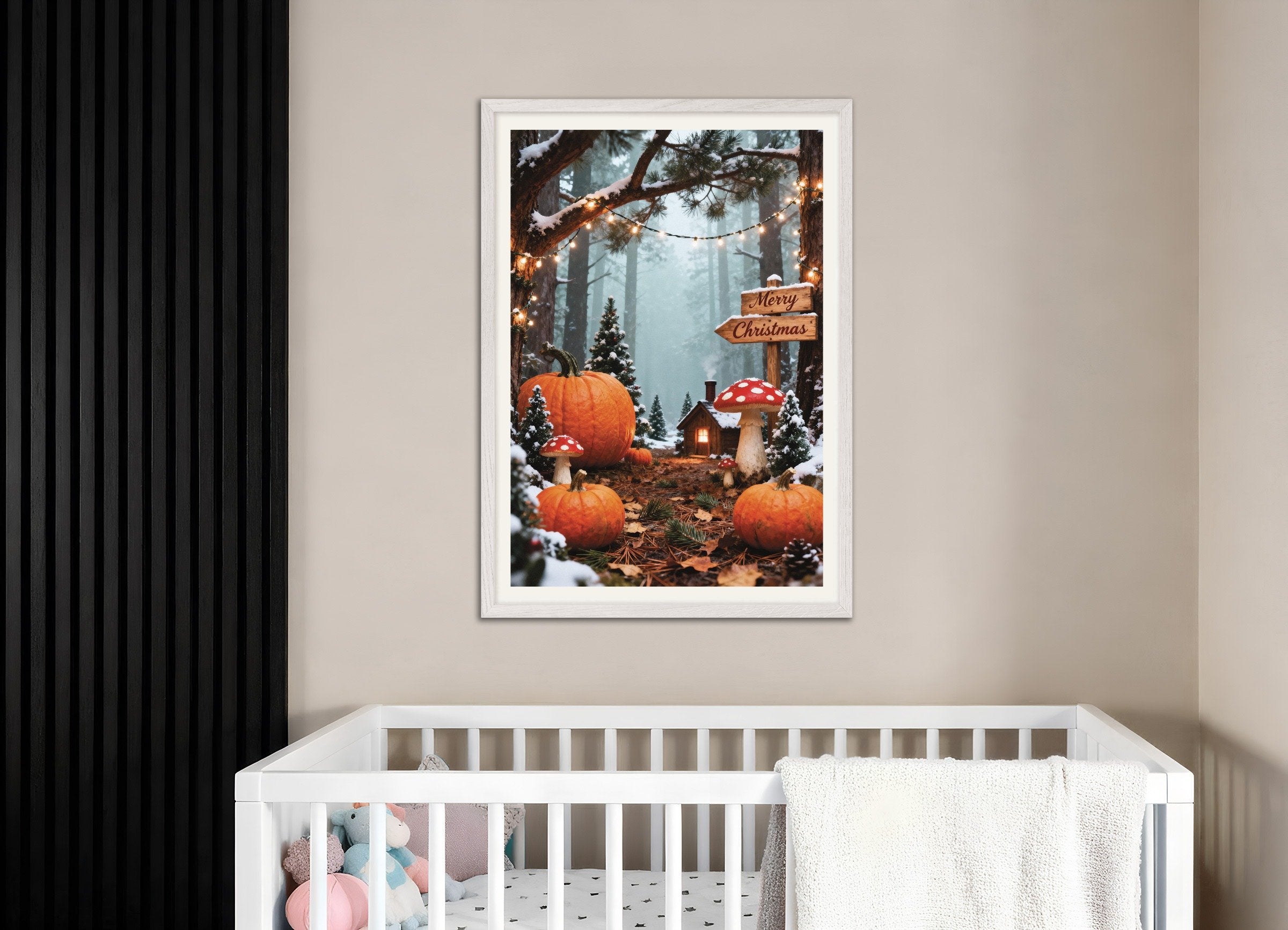 Poster of Merry Christmas forest path poster, with white wooden frame