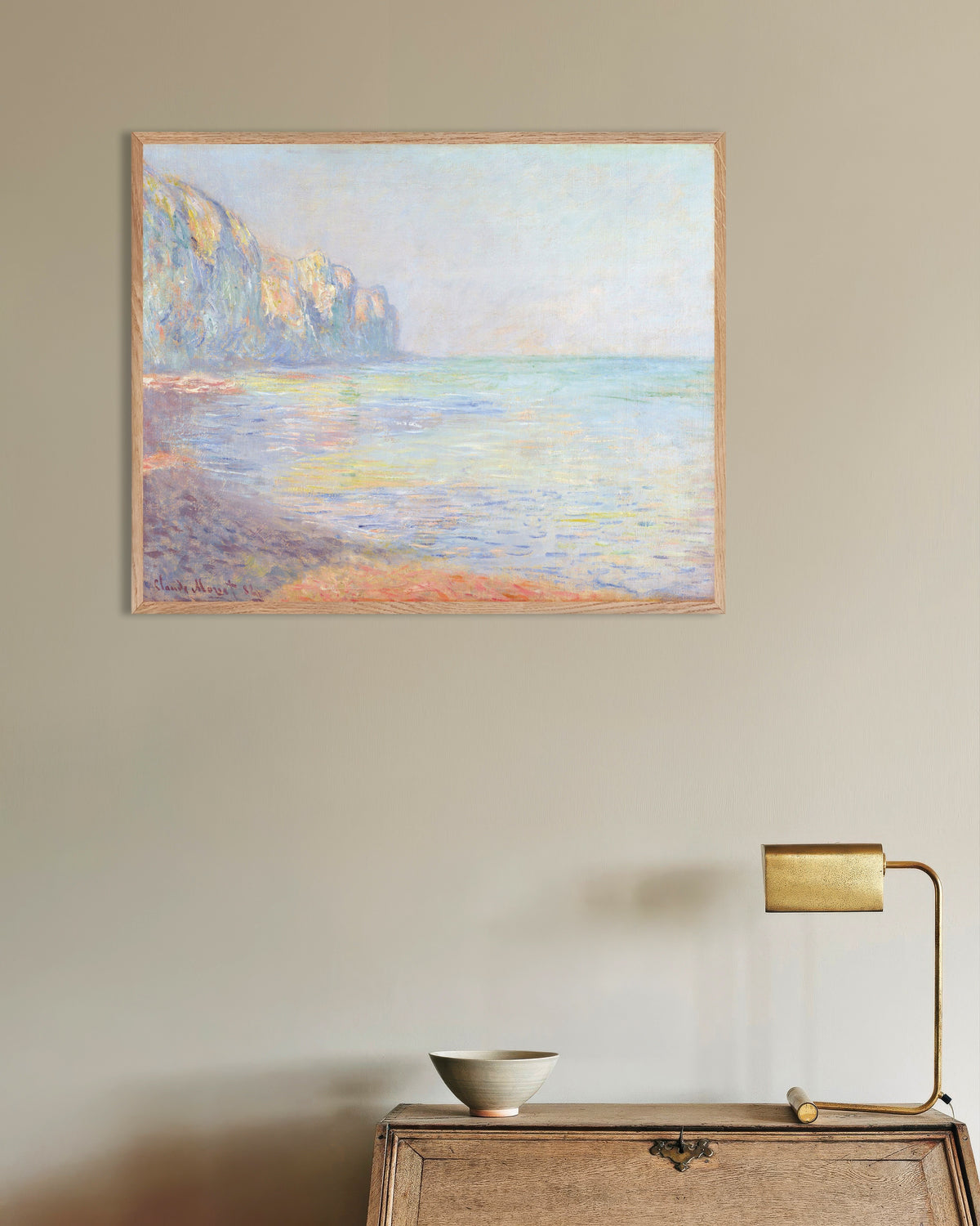 Poster Manhã de Nevoeiro em Pourville (1882), de Claude Monet, com moldura de madeira natural