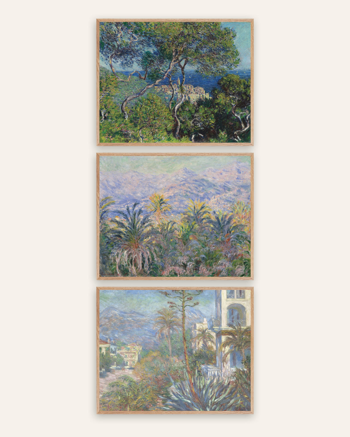 Posters de Monet, conjunto de 3: Bordighera, pinheiros, palmeiras e vivendas, com molduras de carvalho natural