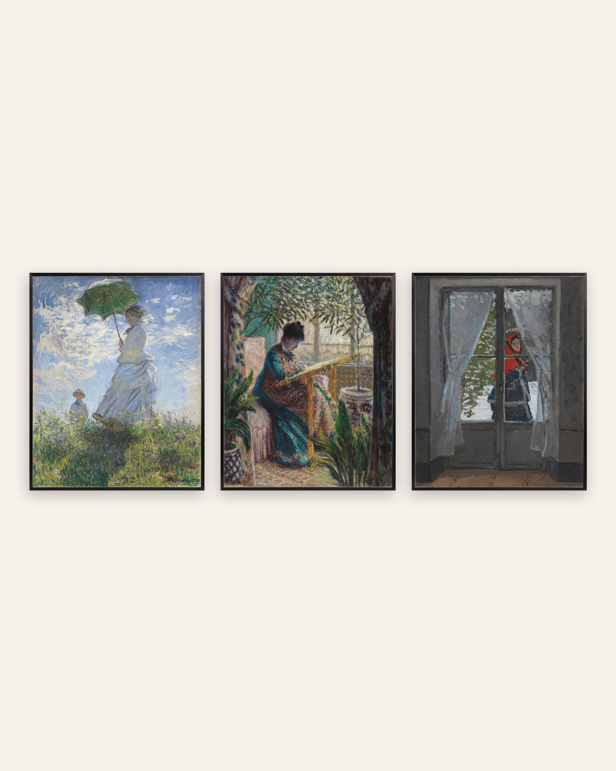 Posters de Monet, conjunto de 3: Camille, Mulher com Sombrinha e O Lenço Vermelho, com molduras de metal preto