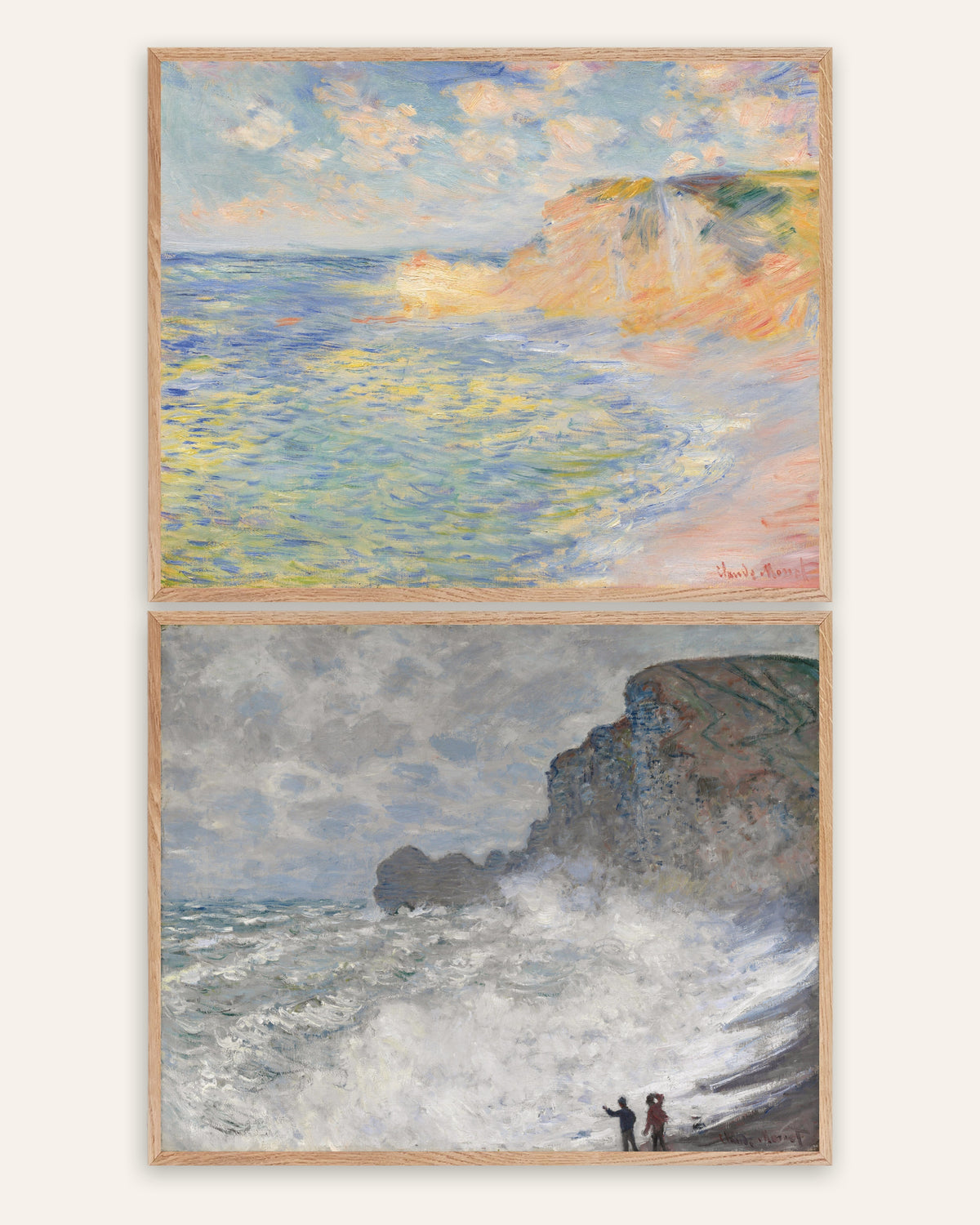Posters de Monet, conjunto de 2: Étretat, Falésia de Amont e tempestade, com molduras de carvalho natural