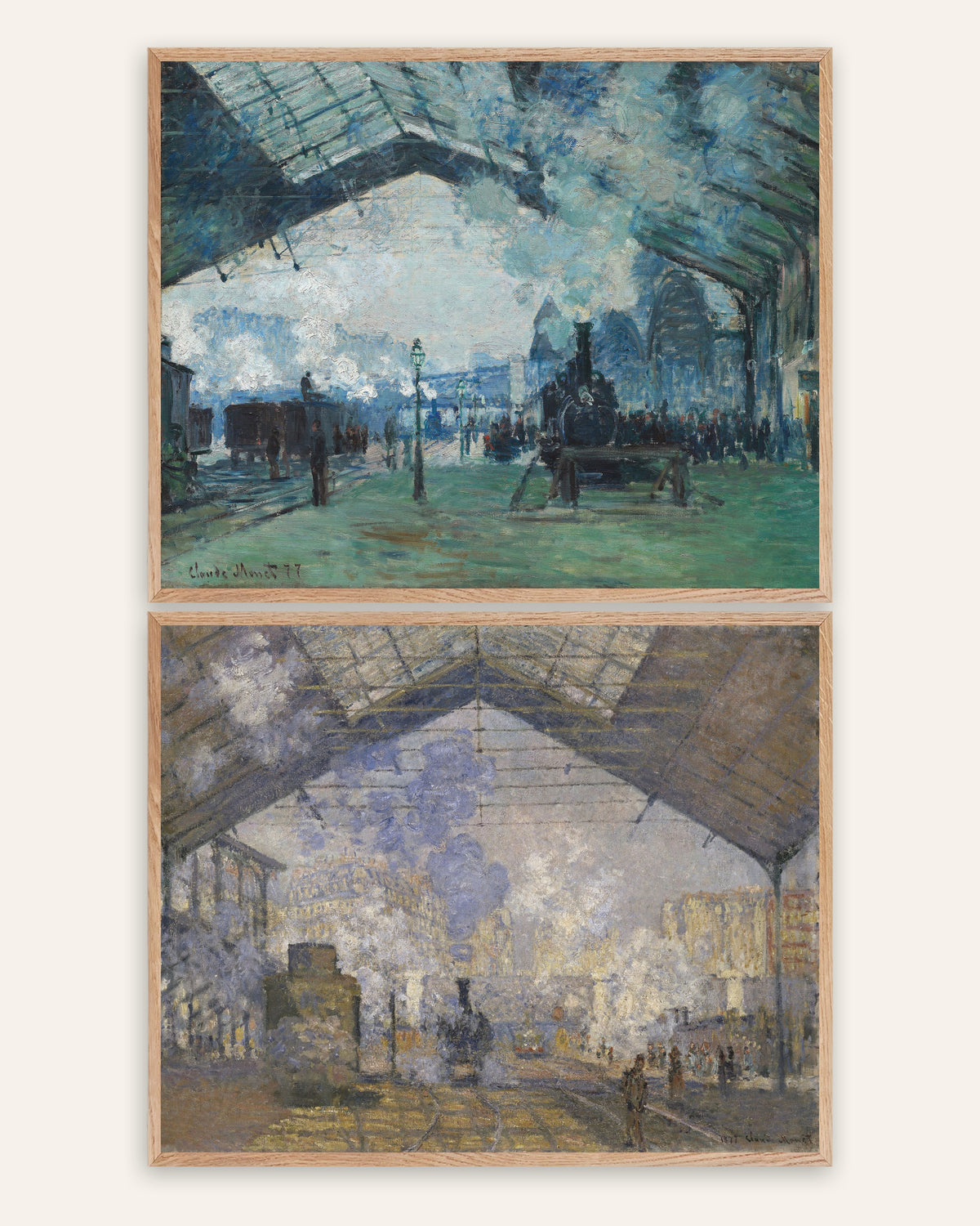 Posters de Monet, conjunto de 2: Gare Saint-Lazare, vapor e comboios, com molduras de carvalho natural