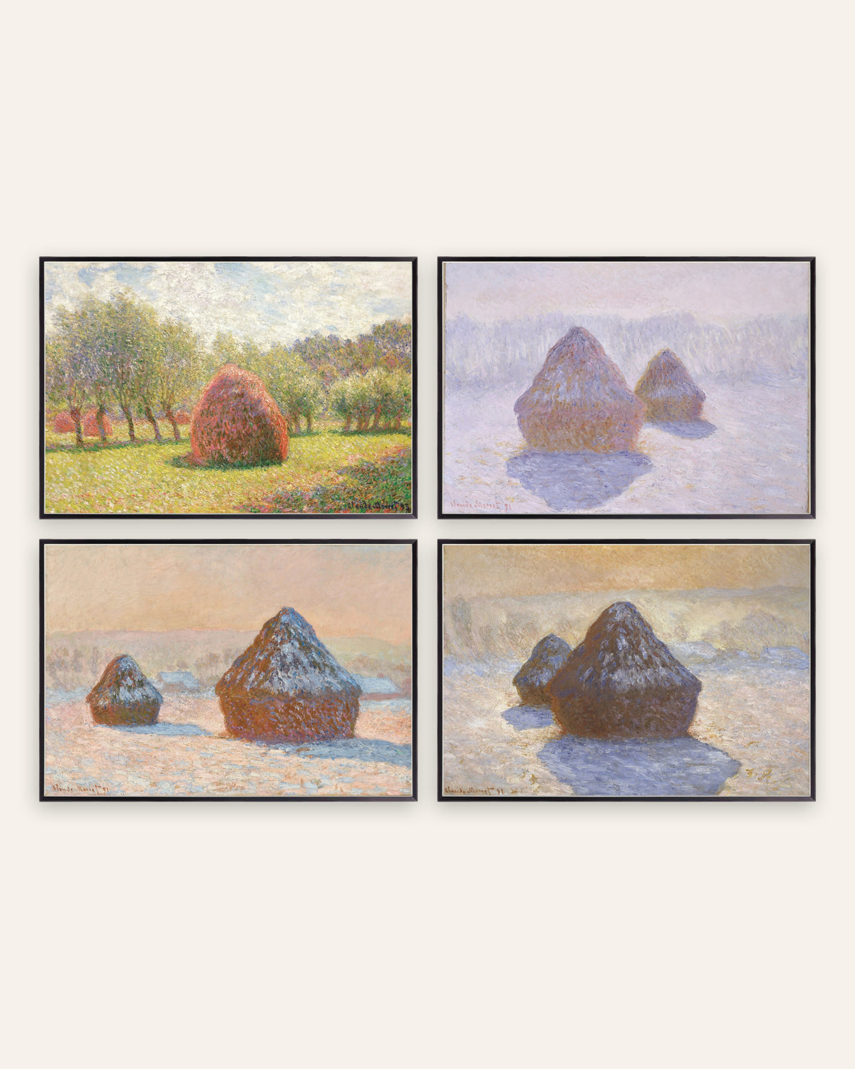 Posters de Monet, conjunto de 4: medas, do verão à neve, com molduras de metal preto